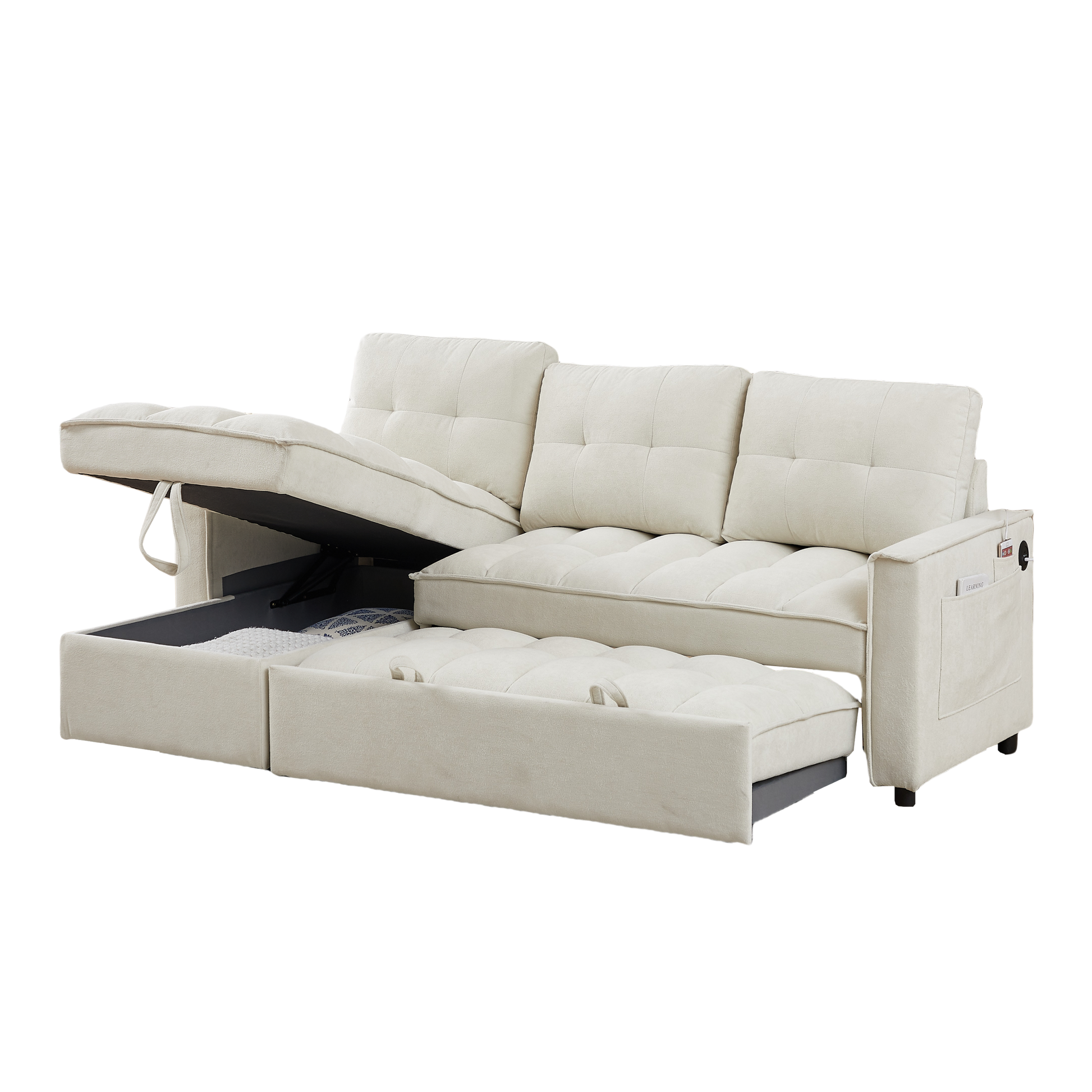 Mh 78.75" Reclining Sofa, Pull Out Sofa Bed With Usb And Tape C Charging Ports, L Shaped Sectional Sofa With Reclining Storage And Arm Side Organizer Pocket Features, Living Room Comfort Sofa Beige Chenille Wood Primary Living Space Eucalyptus Foam