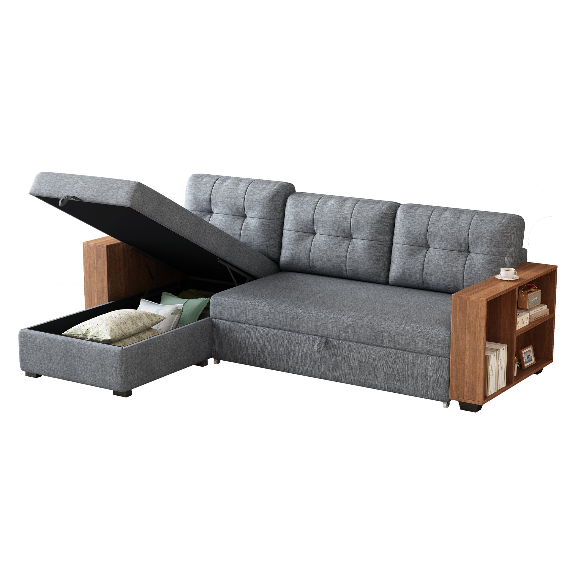 Upholstered Pull Out Sectional Sofa With Storage Chaise, Convertible Corner Couch, Light Grey Wooden Handrail Light Grey Wood Medium Soft Pillow Back Modern Square Arms Linen 3 Seat