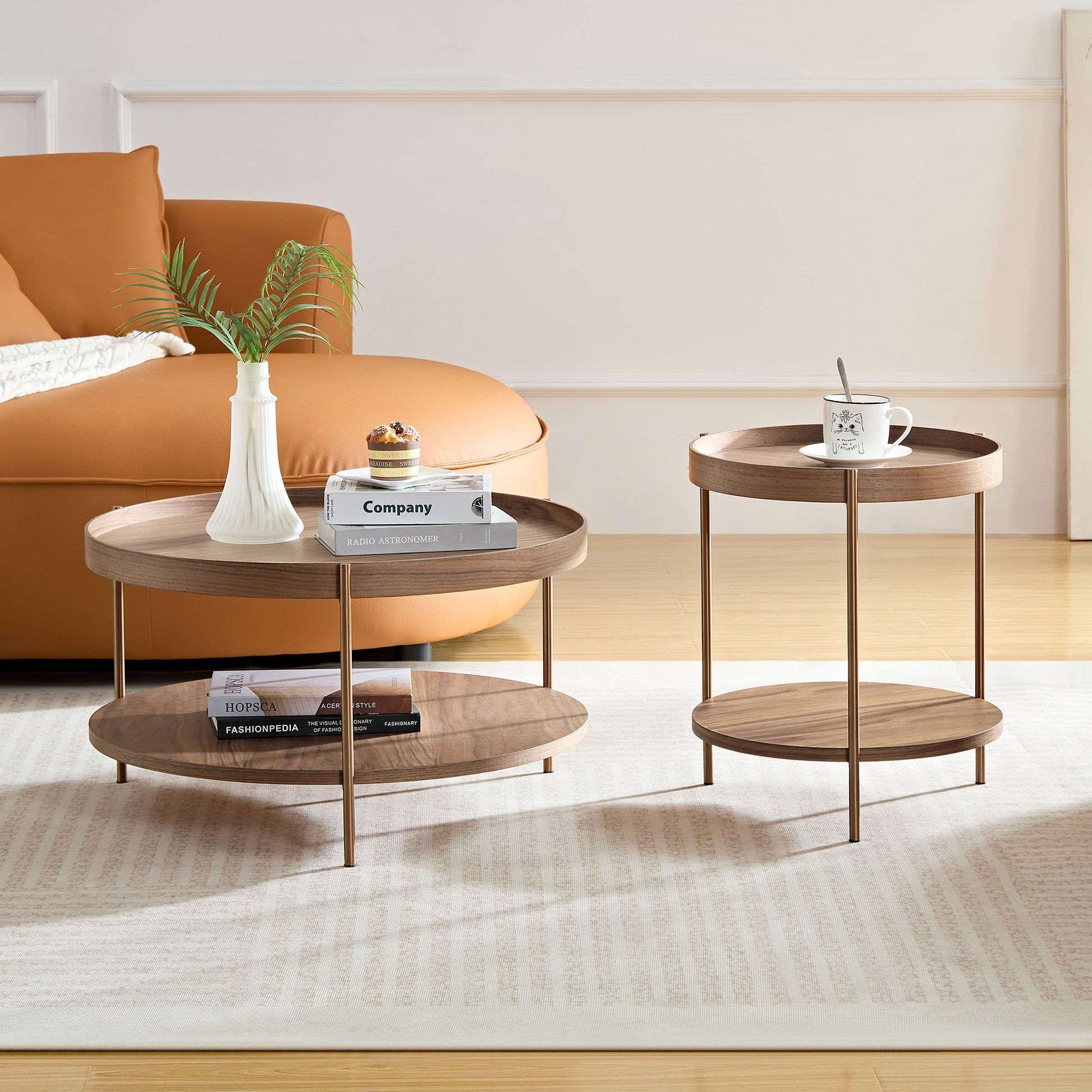 2 Piece Modern 2 Tier Round Coffee Table Set For Living Room,Easy Assembly Nesting Coffee Tables, End Side Tables For Bedroom Office Balcony Yard,Walnut Mdf Walnut Mdf Metal
