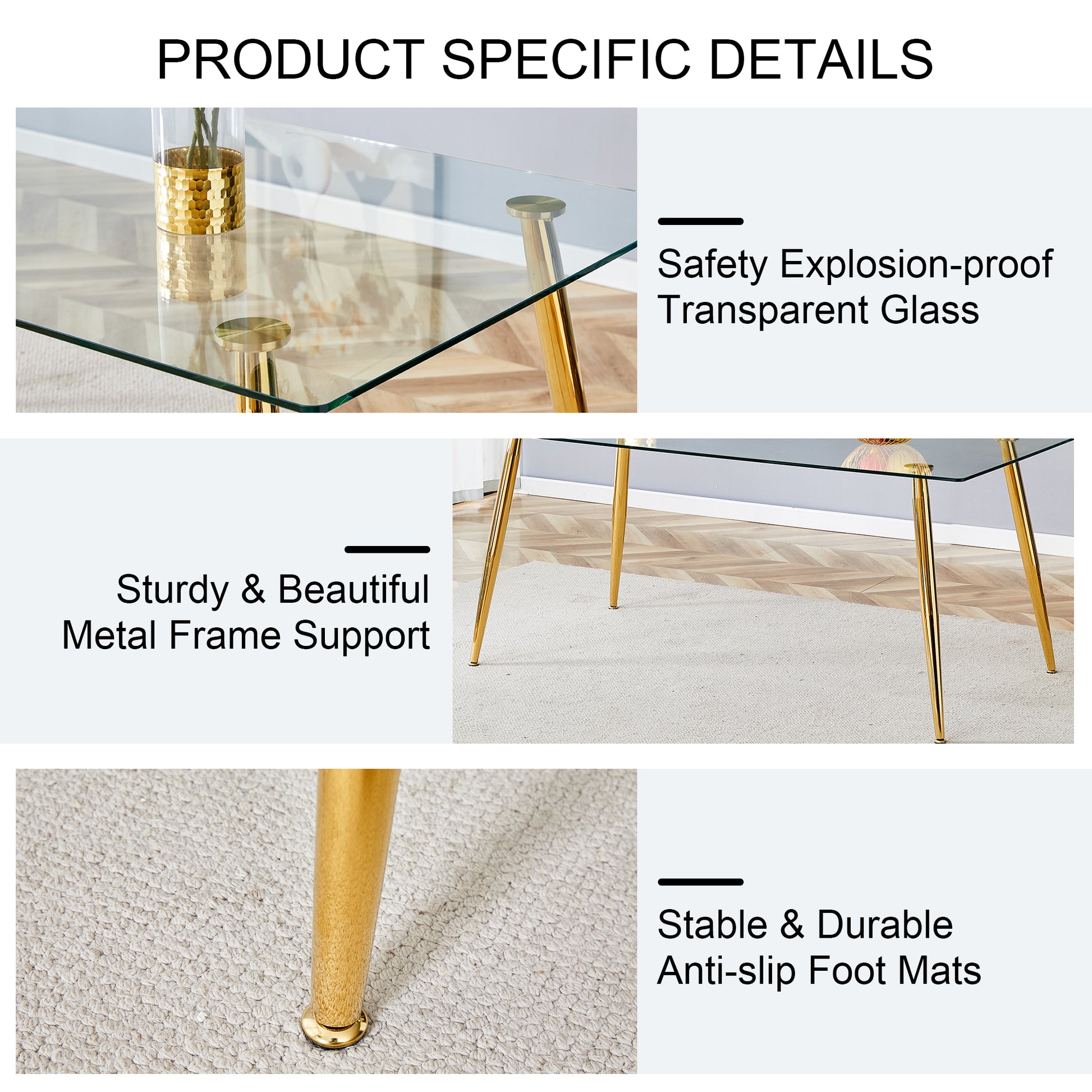 Table And Chair Set.Modern Rectangular Glass Dining Table With A Tempered Glass Tabletop And Metal Legs, Paired With Multiple Chairs Designed With Pu Cushions And Golden Metal Legs. White Gold Seats 8 Tempered Glass