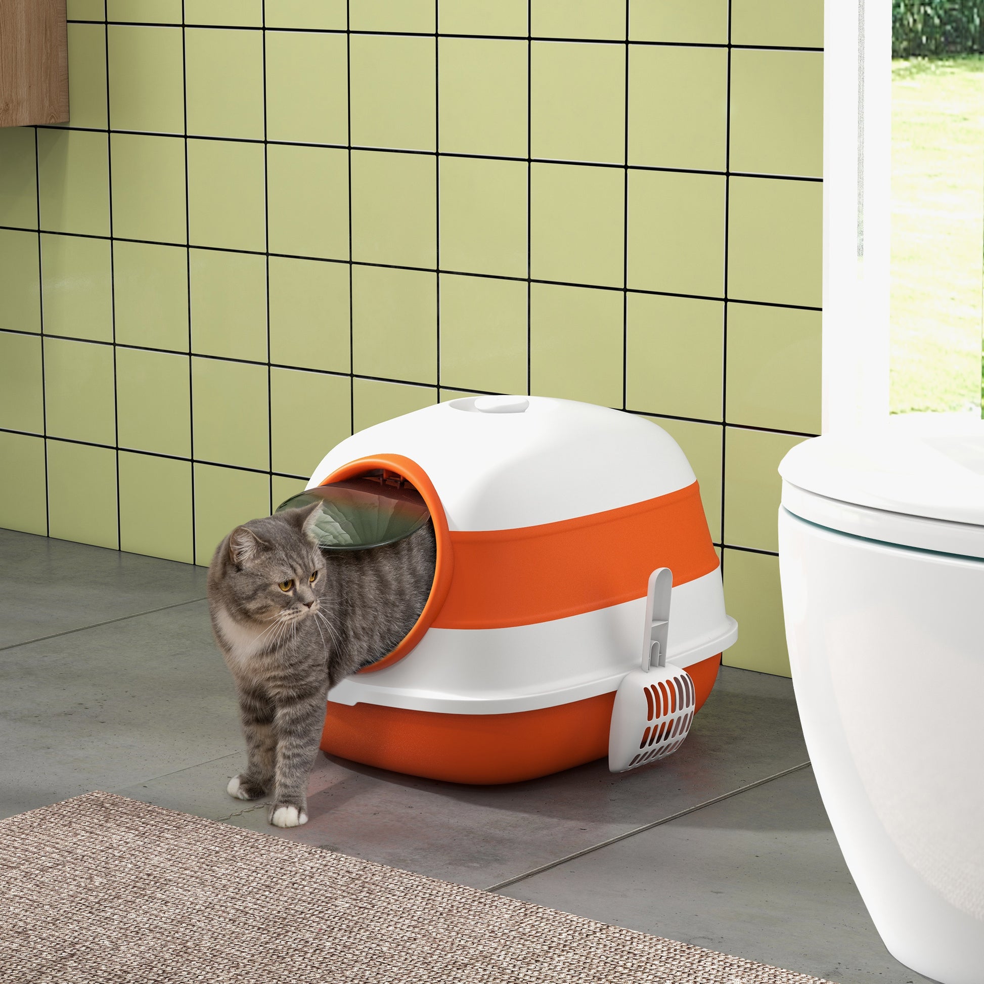 Pawhut Cat Litter Box With Lid, Covered Litter Box W High Sides, Air Freshener, Large Two Way Entrance Kitty Litter Box, Foldable, Easy Clean, Orange, And Black Orange Plastic