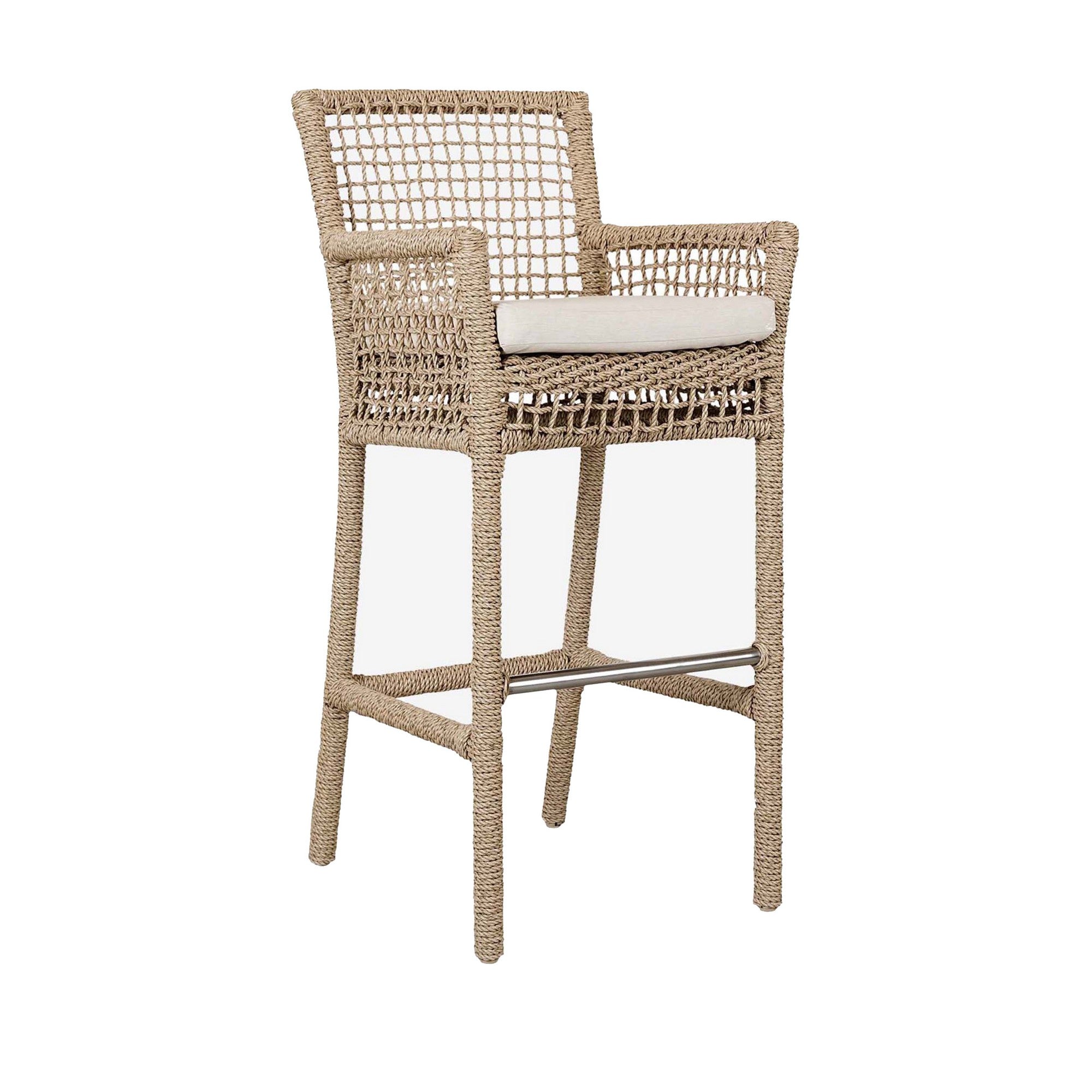 Zev 31 Inch Outdoor Bar Stool Chair, Rope Woven, Ivory Olefin Fabric Seat Brown Aluminum