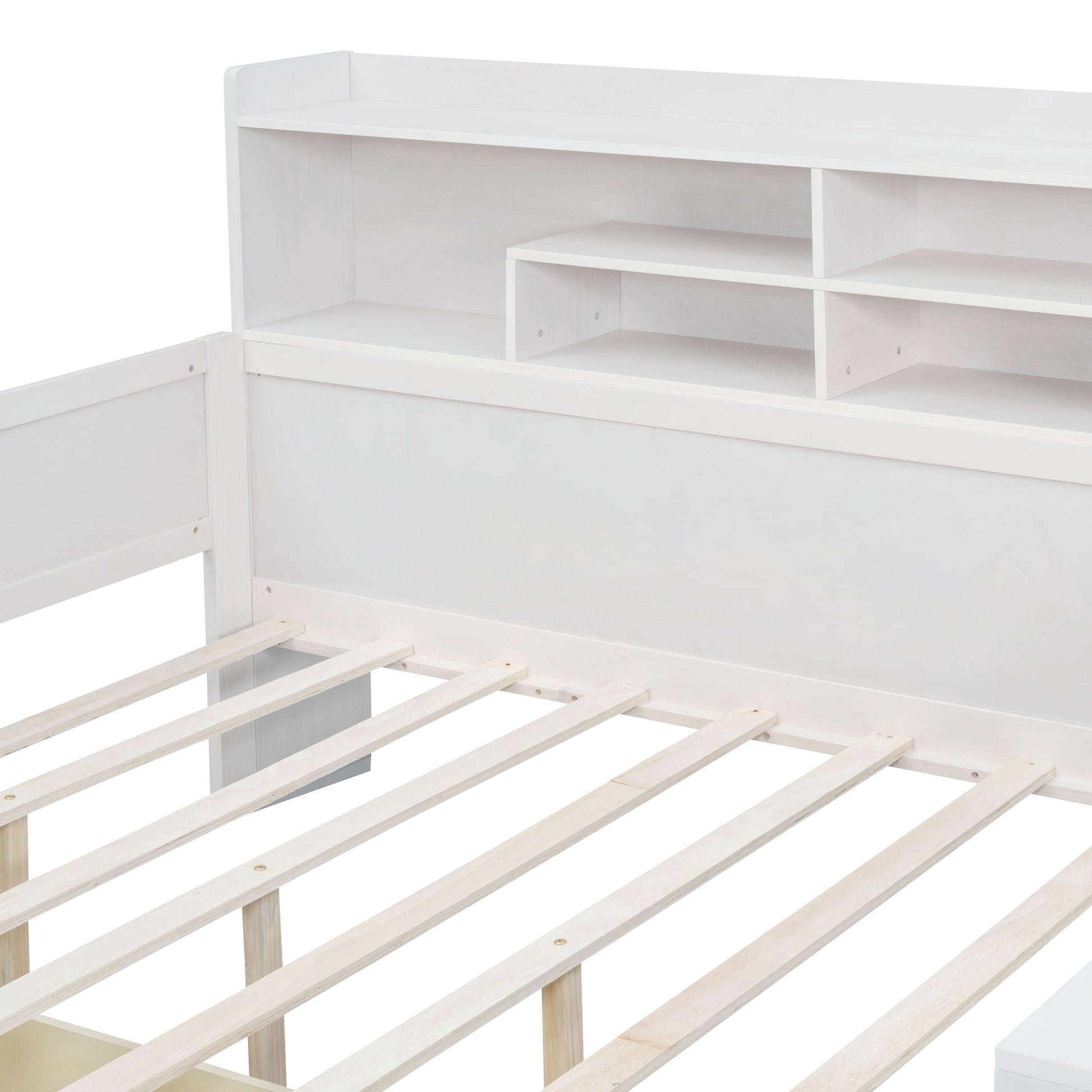 Wooden Full Size Daybed With Storage Shelves, Multi Functional Bed With Two Storage Drawers And Study Desk, Antique White Full Antique White Wood