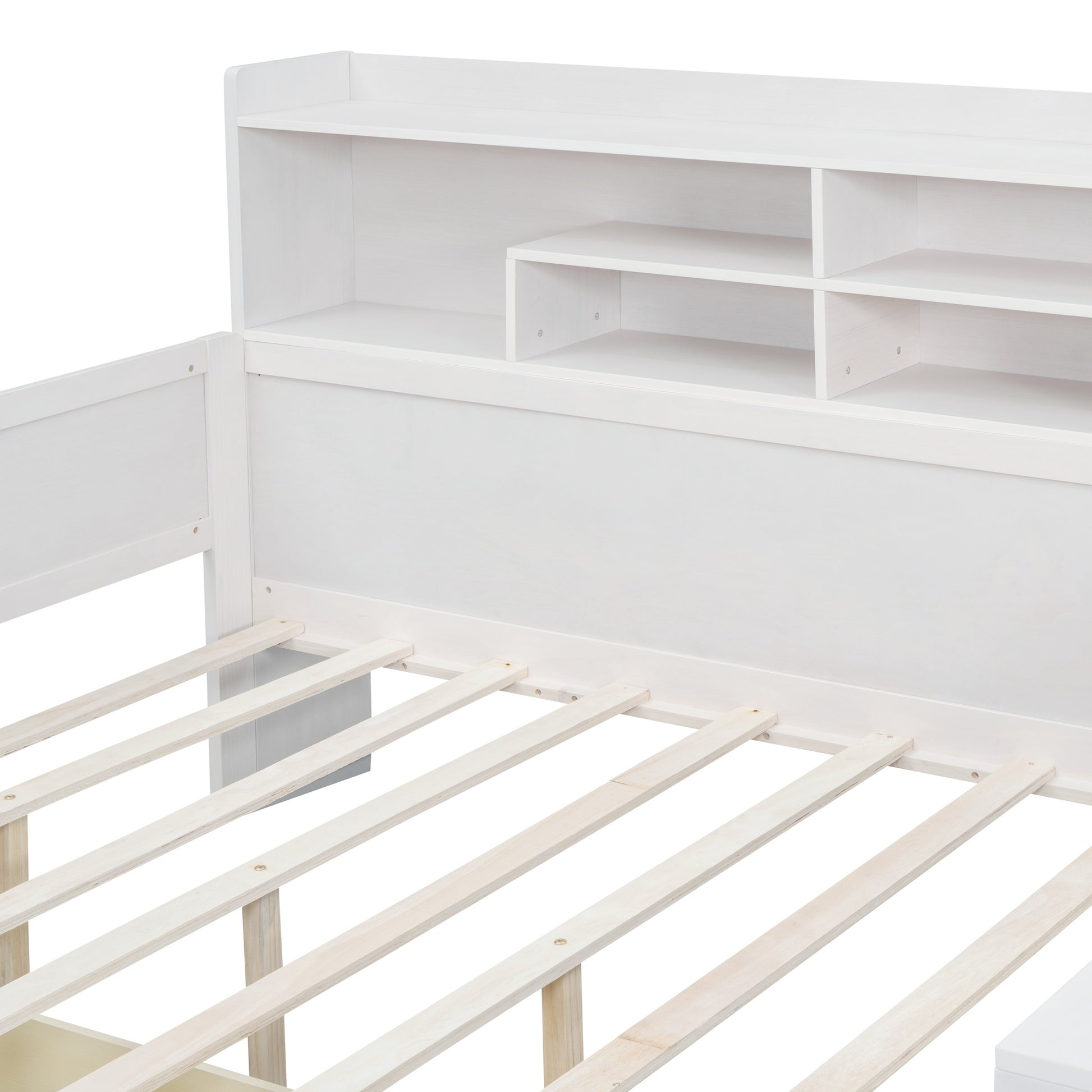 Wooden Full Size Daybed With Storage Shelves, Multi Functional Bed With Two Storage Drawers And Study Desk, Antique White Old Sku: Hl000089Aak Full Antique White Wood