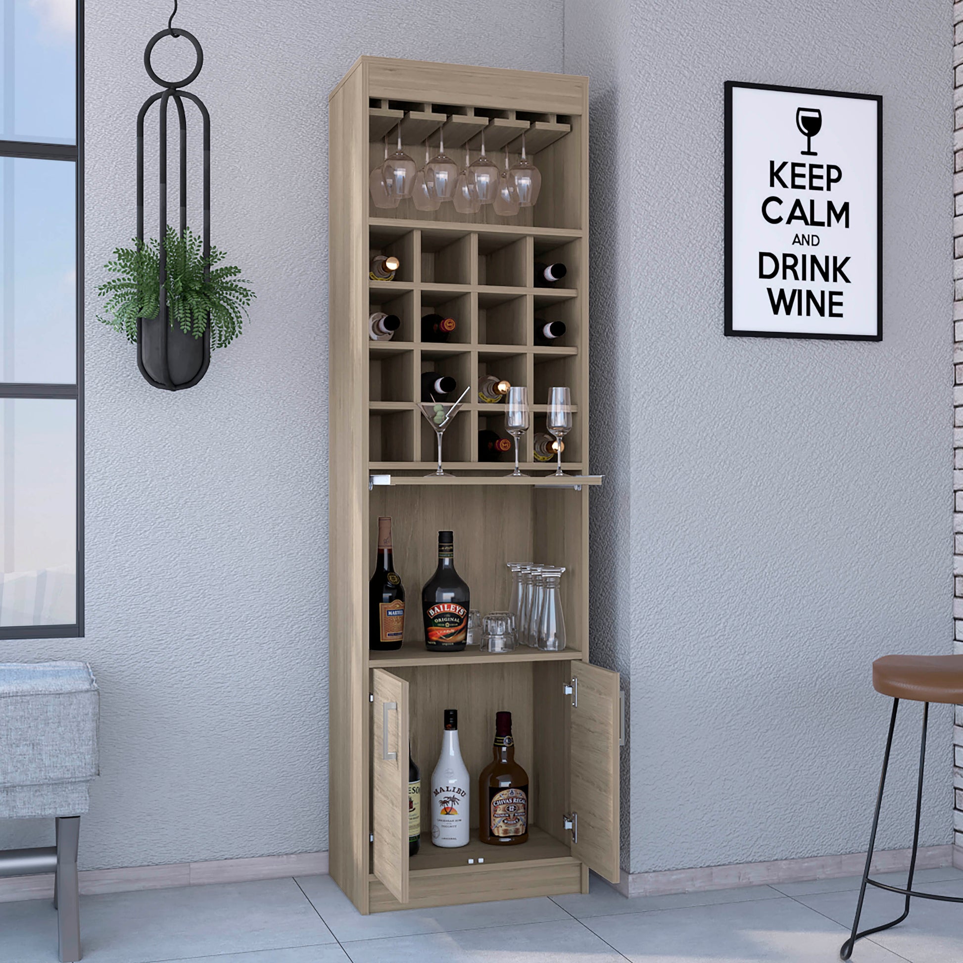 Being Kava Bar Cabinet, Double Door, Two Shelves, Sixteen Built In Wine Rack Light Pine Beige Particle Board Particle Board