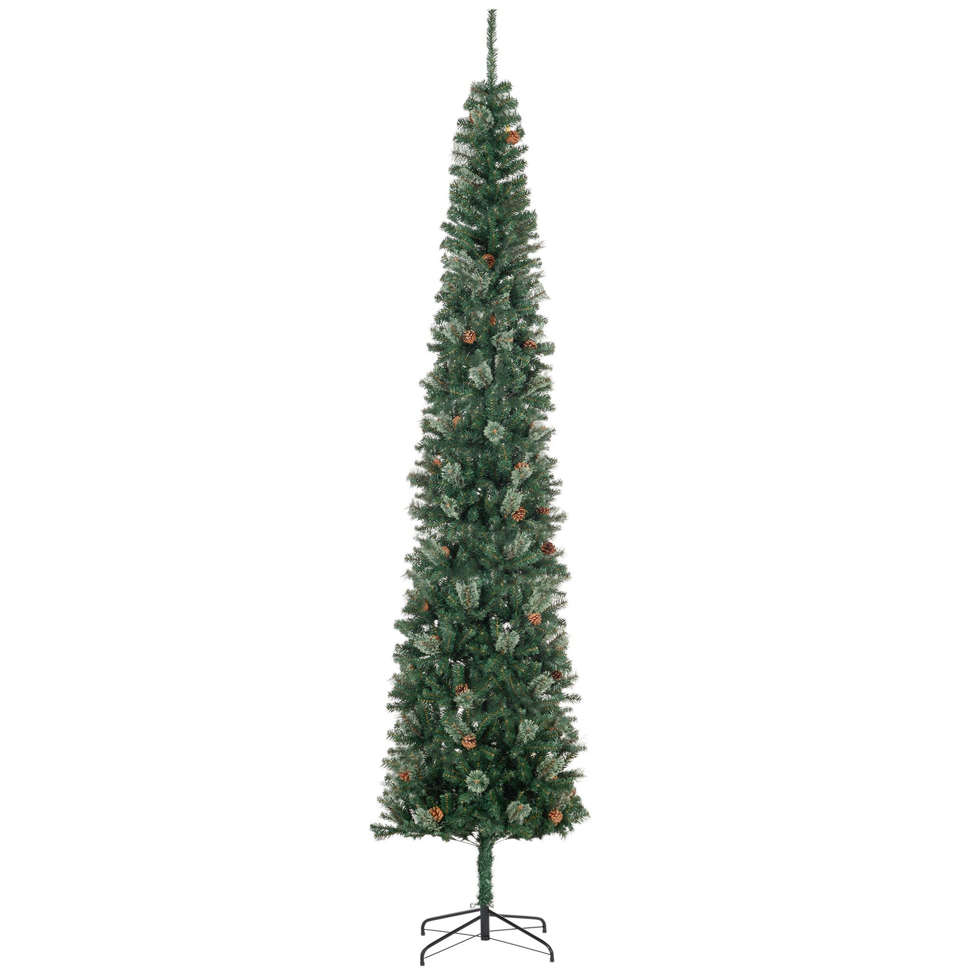 Homcom 9.5 Foot Pencil Artificial Christmas Tree, Slim Pine Needles Xmas Tree With Realistic Branches, Pine Cones, Metal Base, Green Green Plastic