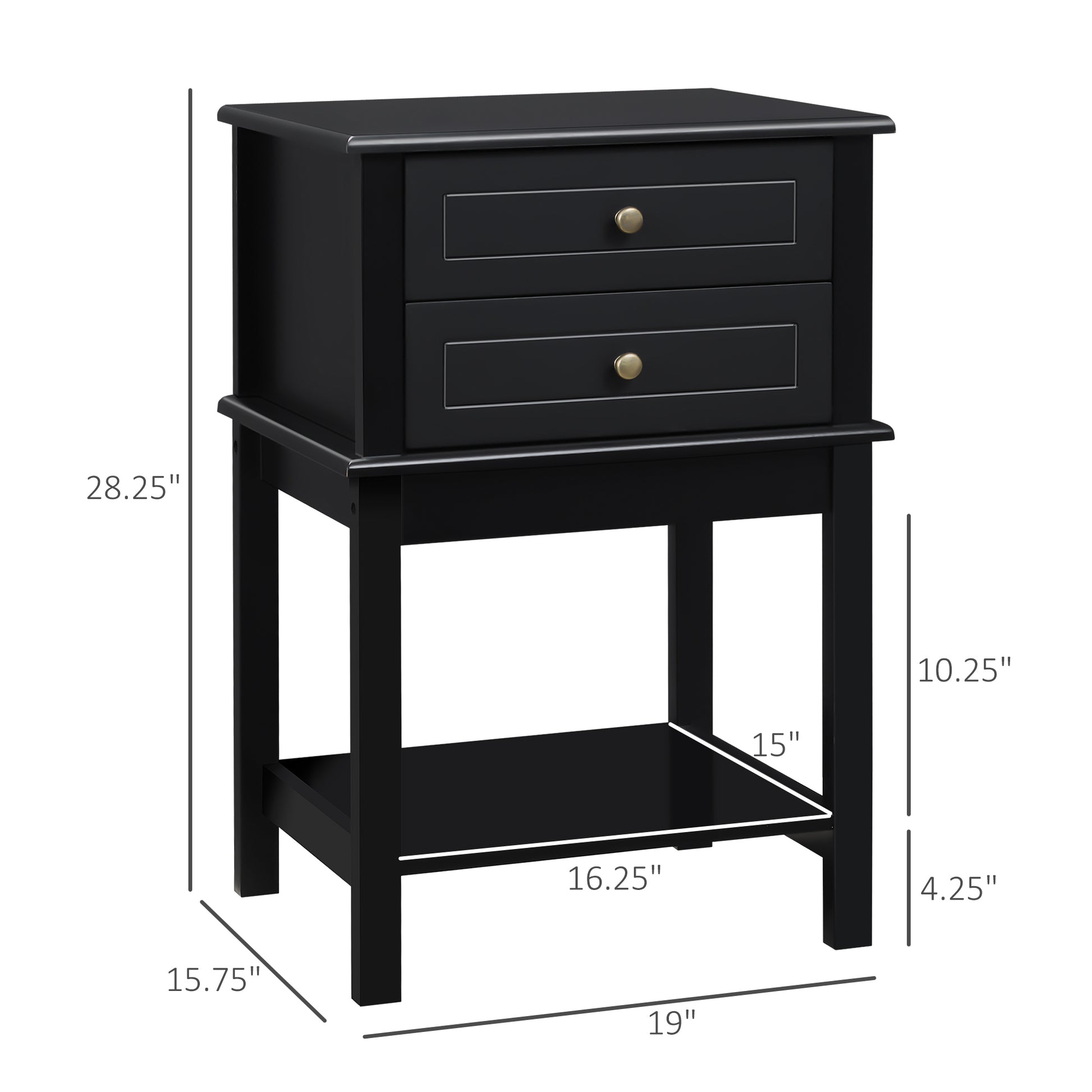 Homcom Side Table With 2 Storage Drawers, Modern End Table With Bottom Shelf For Living Room, Home Office, Black Black Mdf