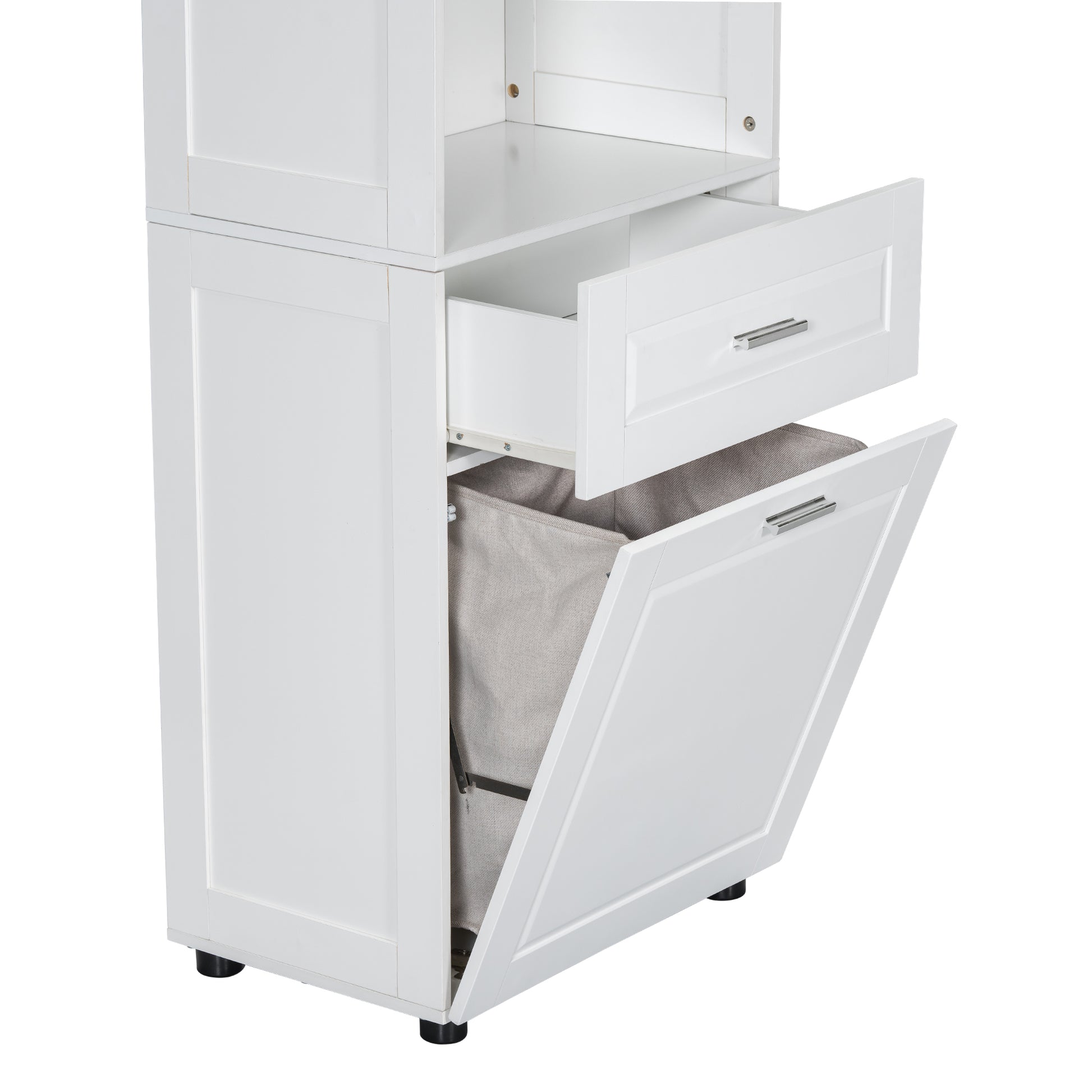 Tall Bathroom Cabinet With Laundry Basket, Large Storage Space Tilt Out Laundry Hamper And Upper Storage Cabinet, White White Mdf