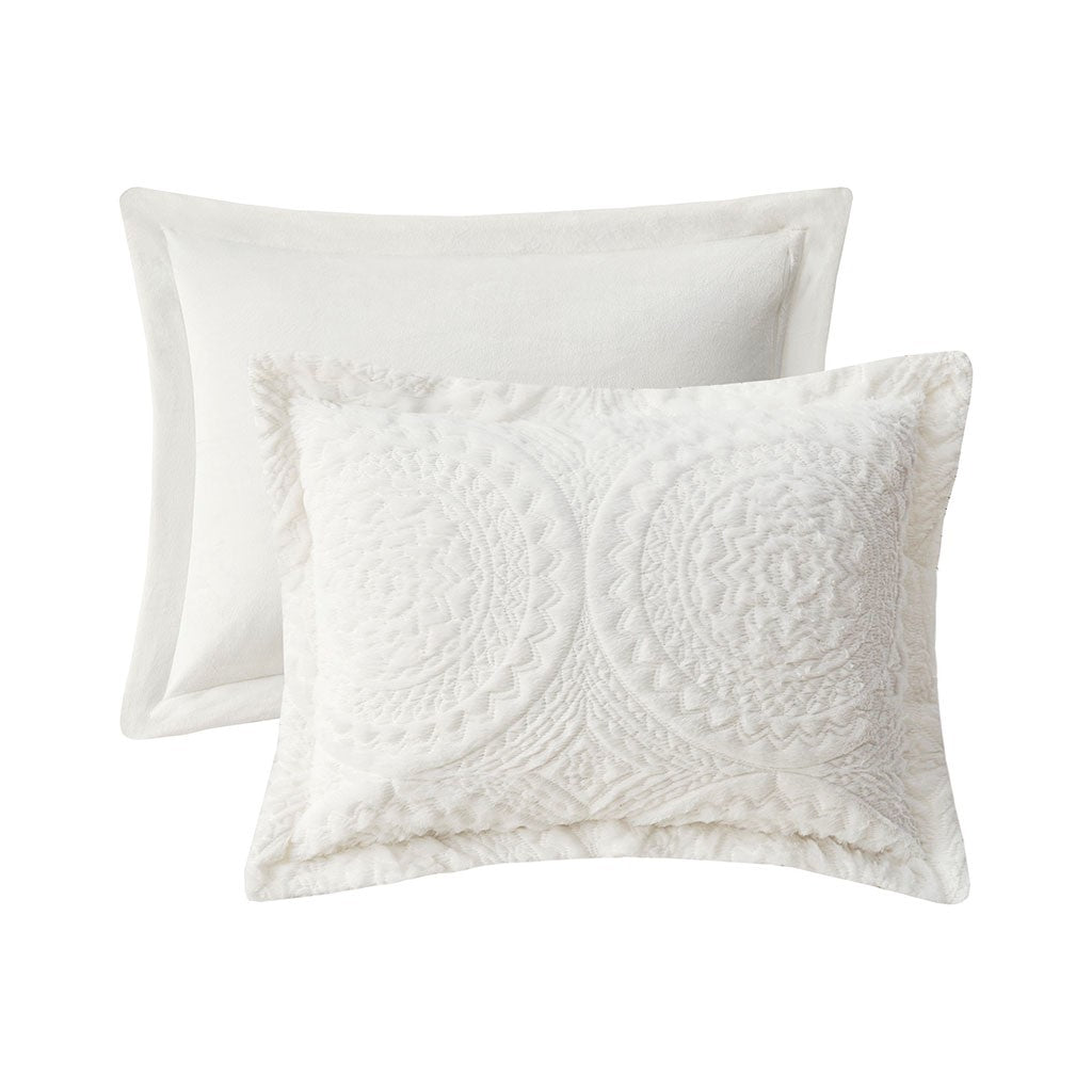 Embroidered Medallion Faux Fur Ultra Plush Comforter Mini Set King Ivory Polyester