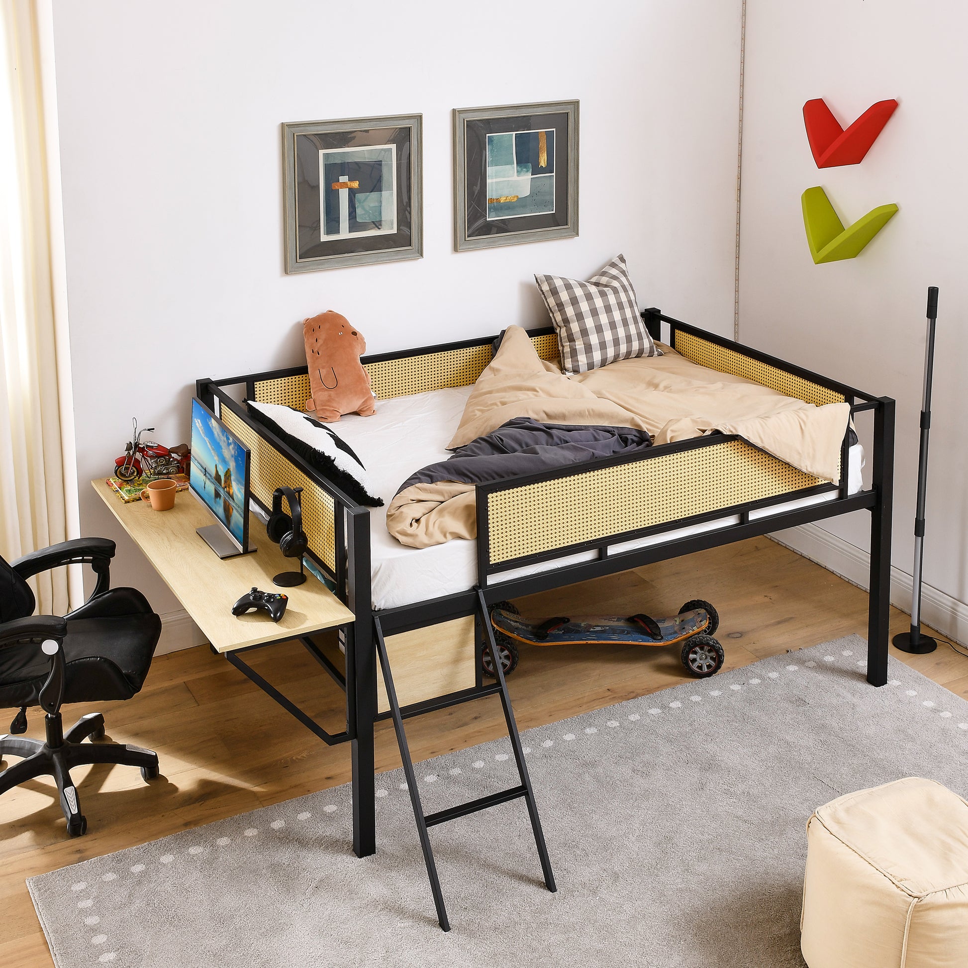 Single Metal Loft Bed With Rectangular Desk, Led Lights, Led Loft Bed Frame Double Bed With Storage Shelves And Hanging Storage Compartments, Safety Guard And Ladder, No Box Springs Required, Rattan G Full Black Natural Mdf Iron