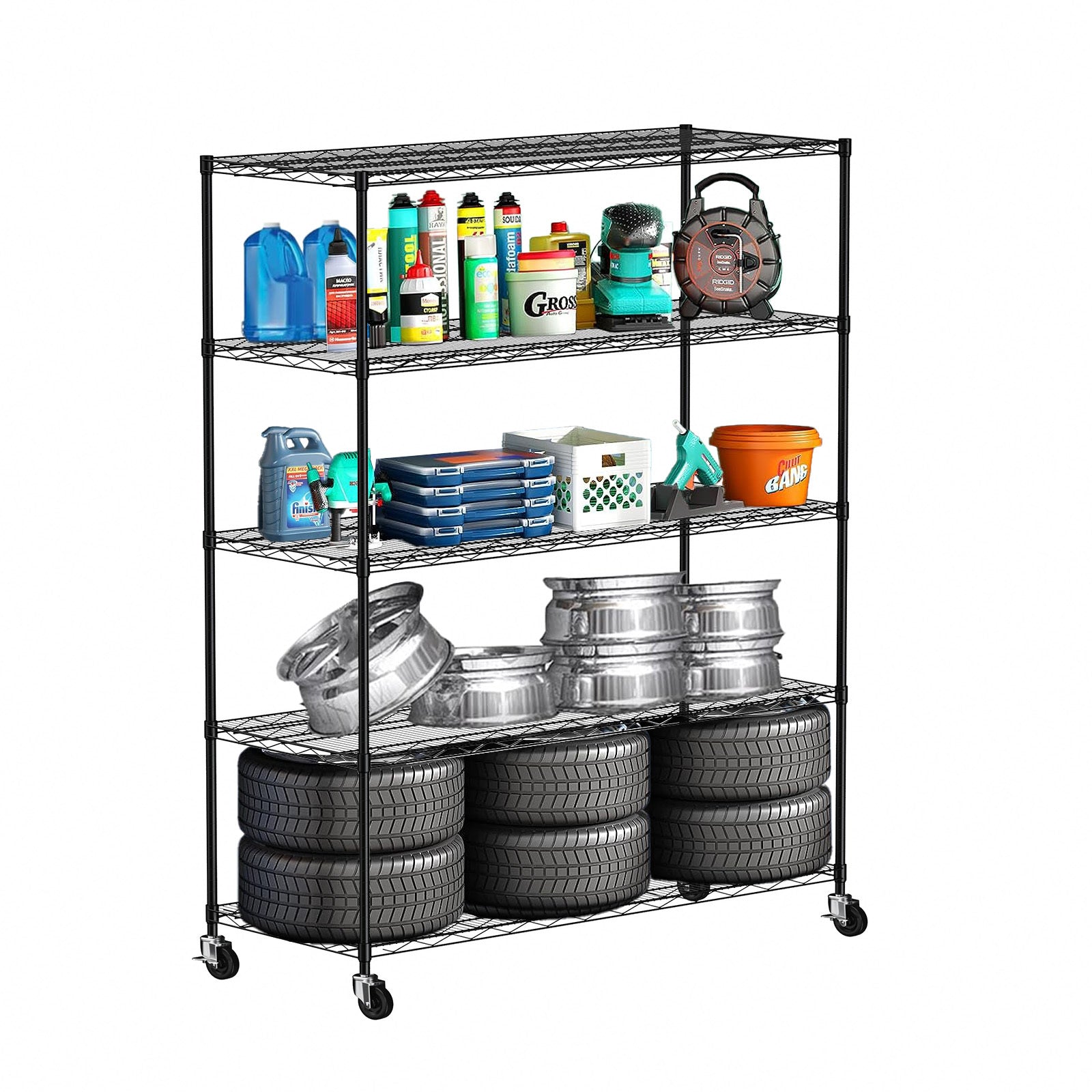 Warehouse, Supermarket,Kitchen,And Other 5 Layer Heavy Duty Adjustable Shelves With Wheels And Adjustable Feet,Each Metal Frame Bearing 300 Pounds. 59.45 "L 24.02 "W 71.65 "H,Black. Black Steel