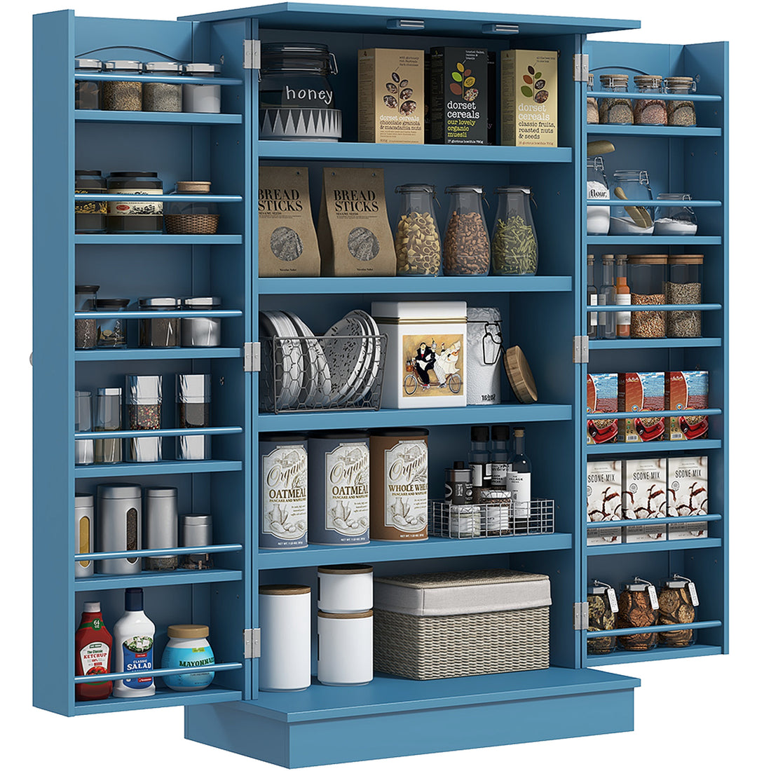 Homcom 41" Kitchen Pantry Storage Cabinet, Freestanding Kitchen Cabinet With 12 Door Shelves, Double Doors, 5 Tier Shelving And Adjustable Shelves, Blue Blue Mdf