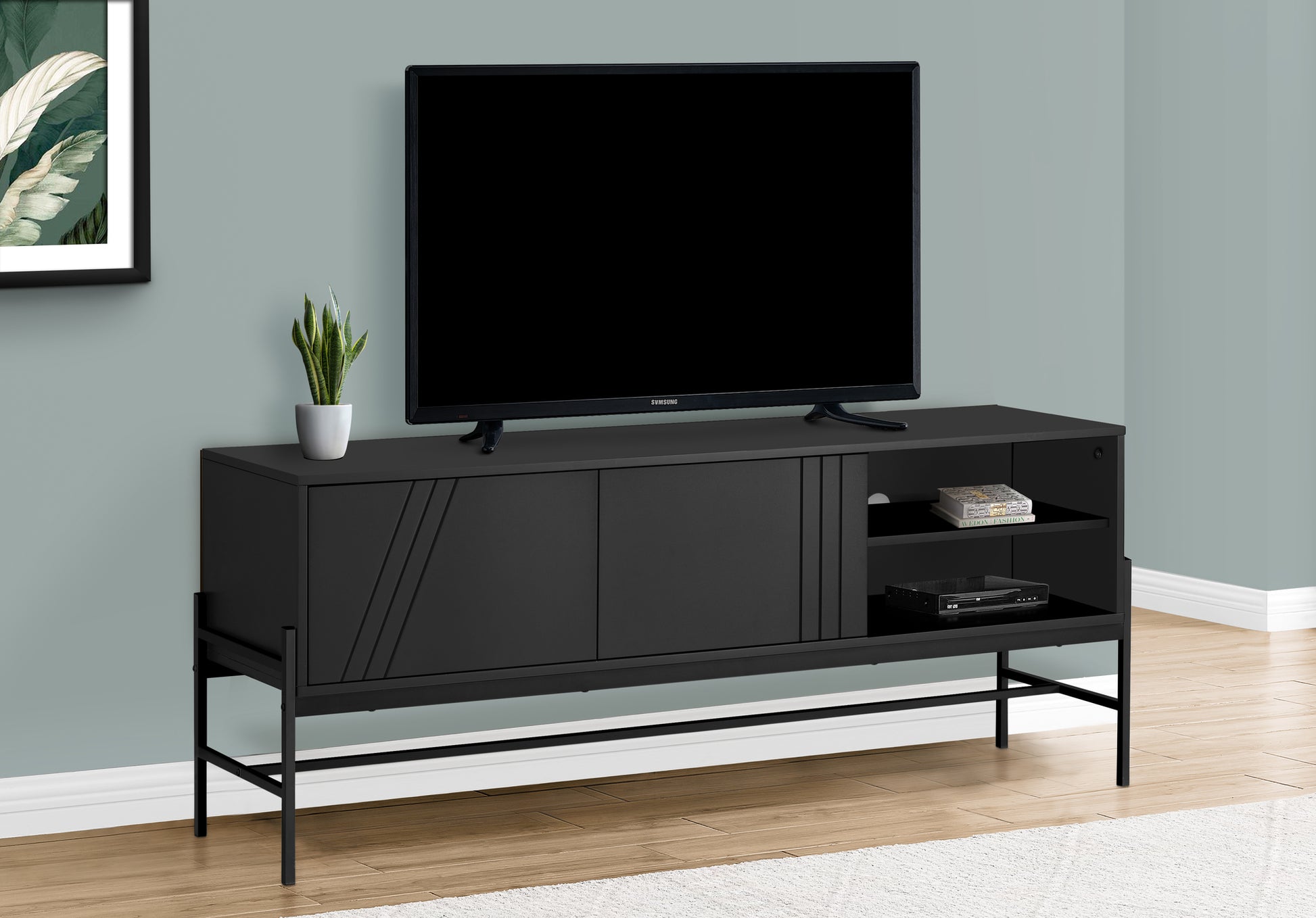 Tv Stand, 60 Inch, Console, Media Entertainment Center, Storage Cabinet, Living Room, Bedroom, Black Laminate, Black Metal, Contemporary, Modern Black 80 89 Inches Particle Board