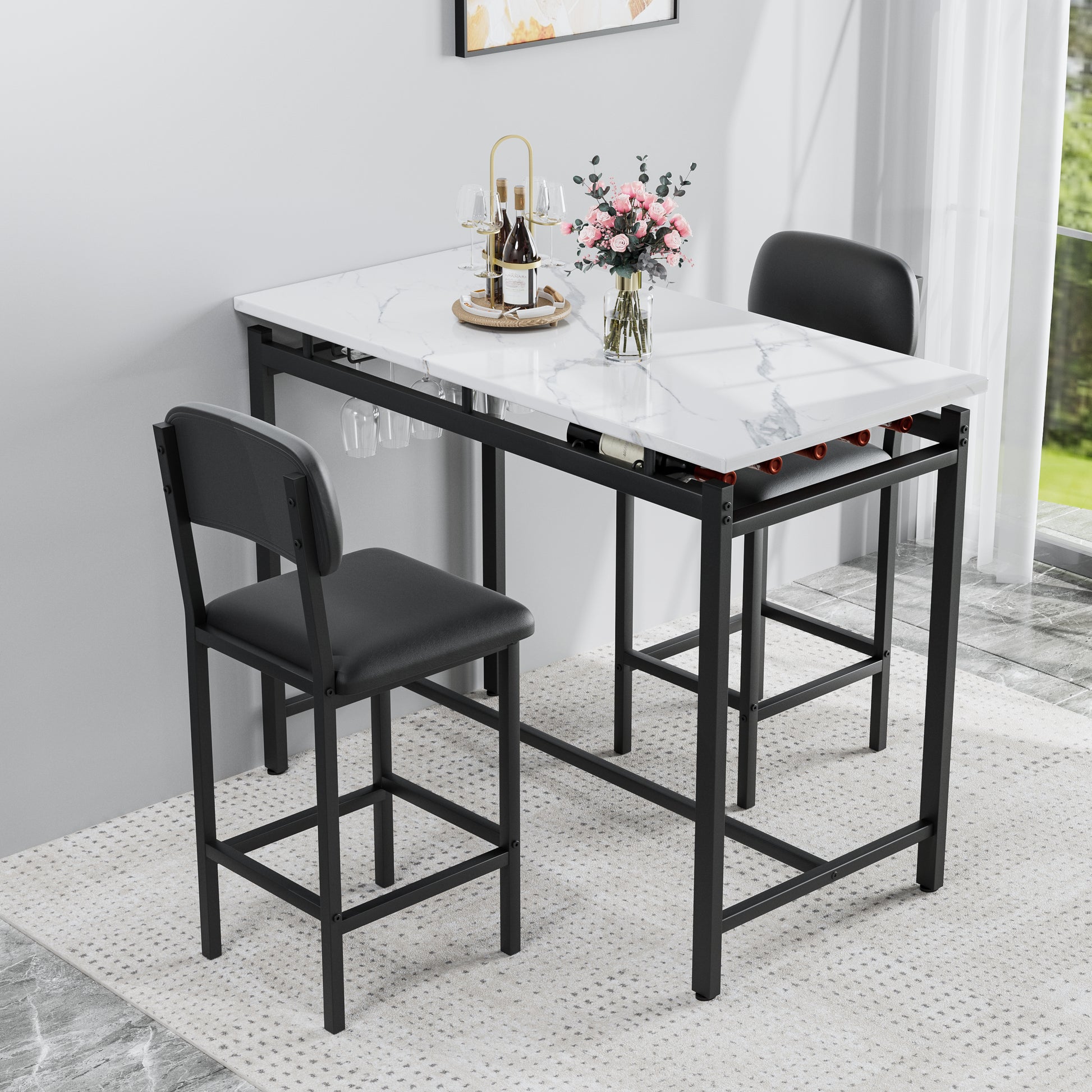 Kitchen Table Set, Dining Table And Chairs For 2, 3 Piece Dining Room Table Set With 2 Upholstered Chairs, Bar Dining Table Set For Small Spaces, Apartment, Breakfast, Pub, Rustic Black Black Seats 2 Mdf