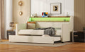 Twin Size Daybed With Trundle, Upholstered Daybed With Charging Station And Led Lights, Beige Twin Beige Pu Leather