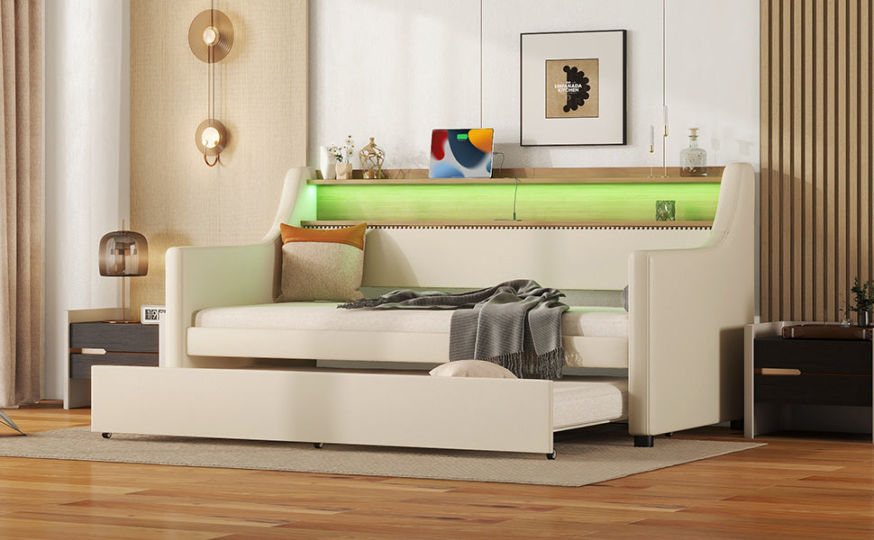 Twin Size Daybed With Trundle, Upholstered Daybed With Charging Station And Led Lights, Beige Twin Beige Pu Leather