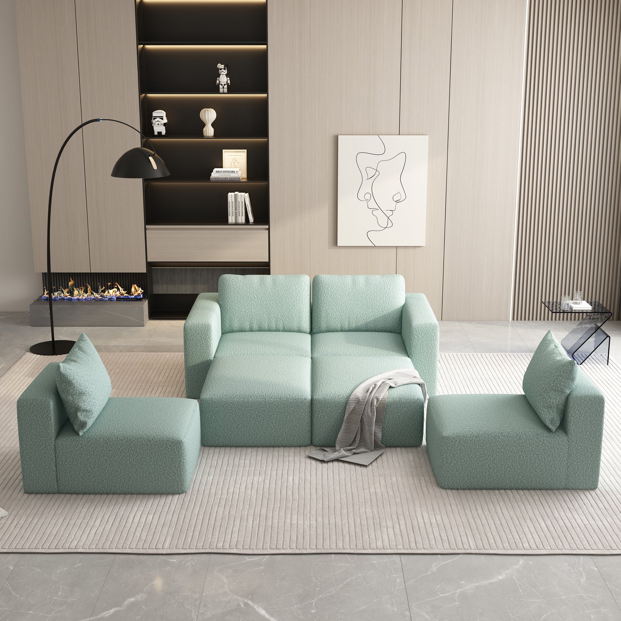 104.32*74.8 Modular Sectional Sofa Sleeper Couch, Sectional Sofa With Chaise And Ottoman, Convertible U Shaped Modular Sofa Set. Compressed Spon, Light Green Combo 2A 2B 2D Light Green Primary Living Space Soft Minimalist,Modern Foam Spring 6 Seat