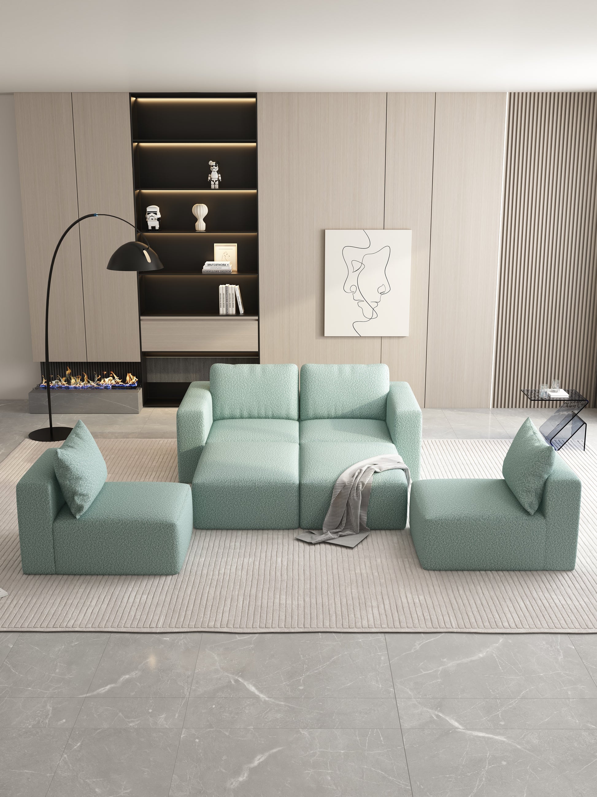 104.32*74.8 Modular Sectional Sofa Sleeper Couch, Sectional Sofa With Chaise And Ottoman, Convertible U Shaped Modular Sofa Set. Compressed Spon, Light Green Combo 2A 2B 2D Light Green Primary Living Space Soft Minimalist,Modern Foam Spring 6 Seat