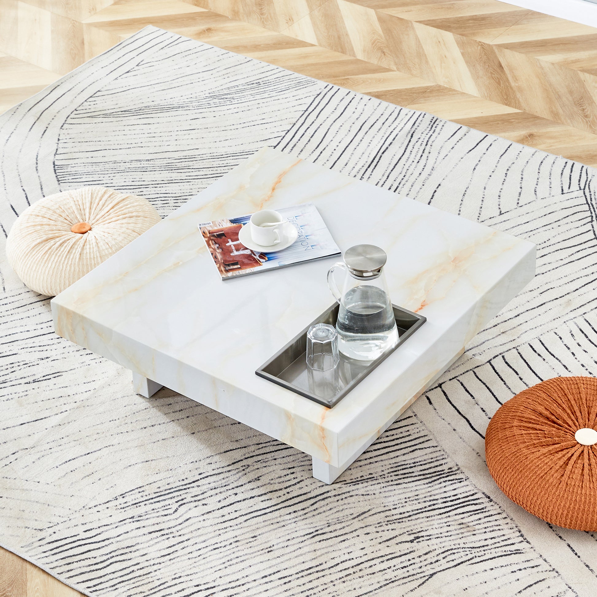 A Modern And Practical Coffee Table With Imitation Marble Patterns, Made Of Mdf Material. The Fusion Of Elegance And Natural Fashion 31.4"* 31.4"* 12 " White Mdf