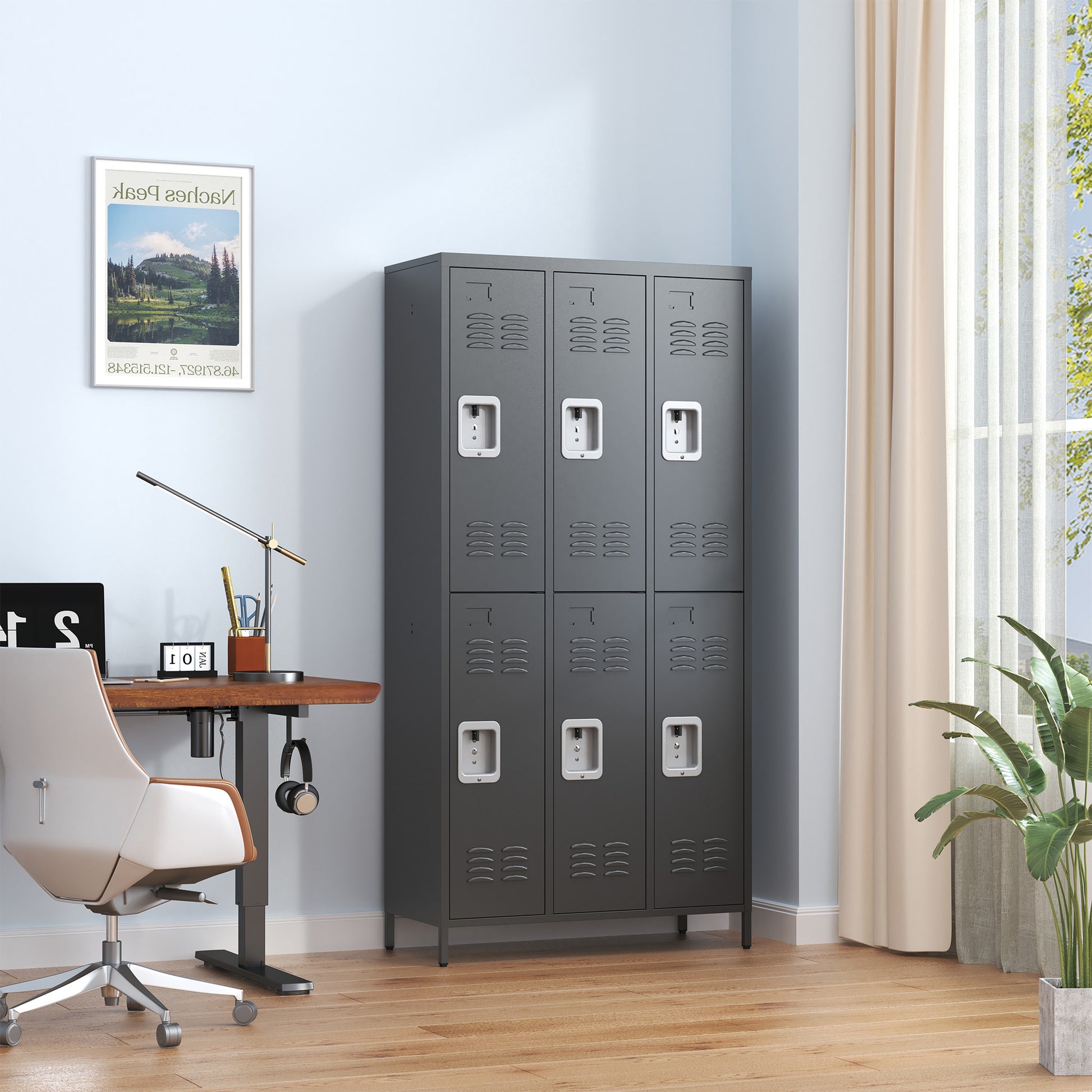 6 Door 72"H Metal Lockers With Lock For Employees,Storage Locker Cabinet For Home Gym Office School Garage,Black 5 Or More Spaces Black Primary Living Space Modern Metal