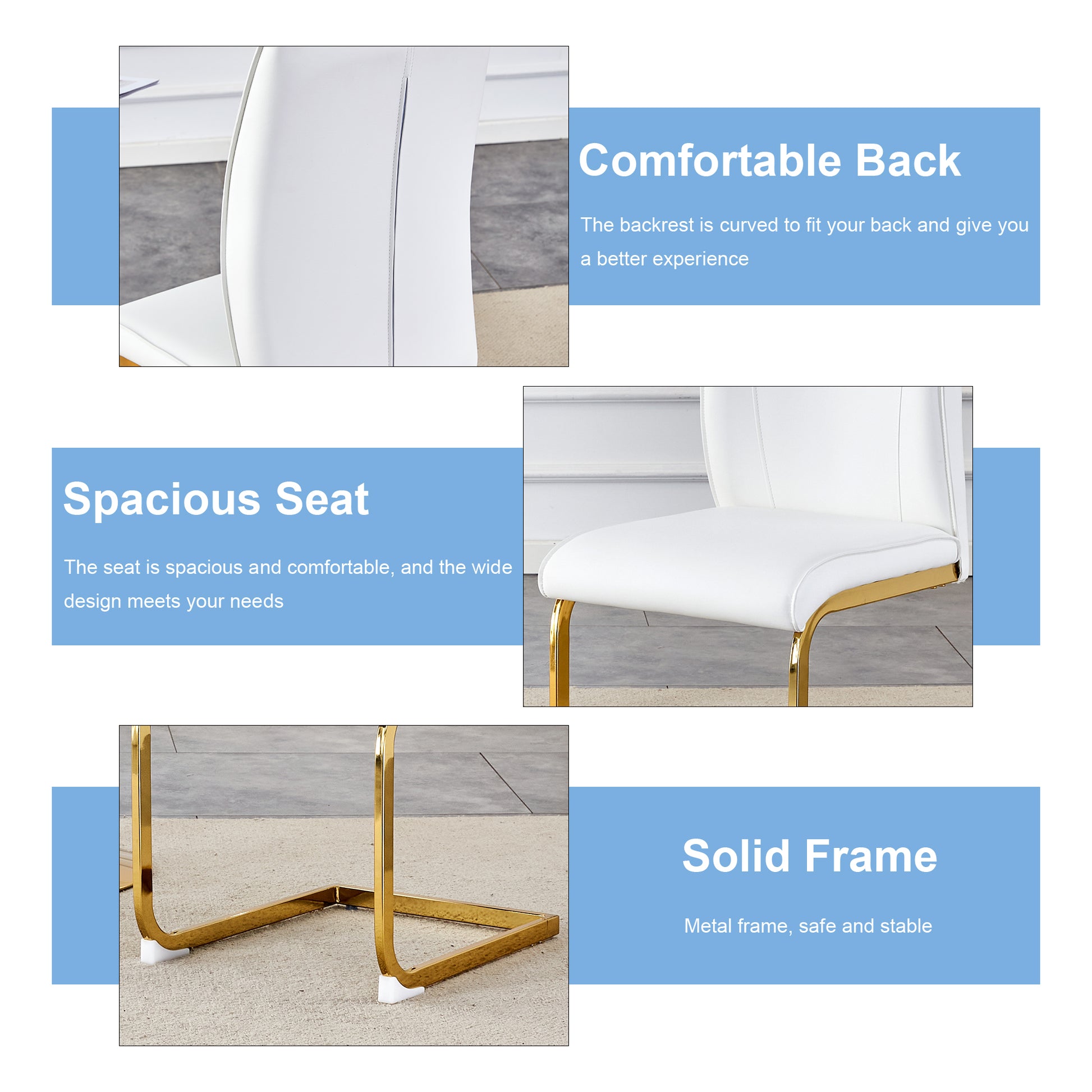 Luxury Simple Arch Chair Set Of 4 White Pu Material High Resilience Dining Chair With Arched Metal Gold Leg. White Gold Metal,Pu