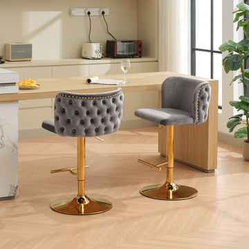 Swivel Barstools Adjusatble Seat Height With Gold Plating Base, Classic Velvet Upholstered Bar Stools With The Whole Back Tufted, For Home Pub And Kitchen Island,Gray, Set Of 2 Gray American Design,Classic Bar Stools Set Of 2 Foam Velvet