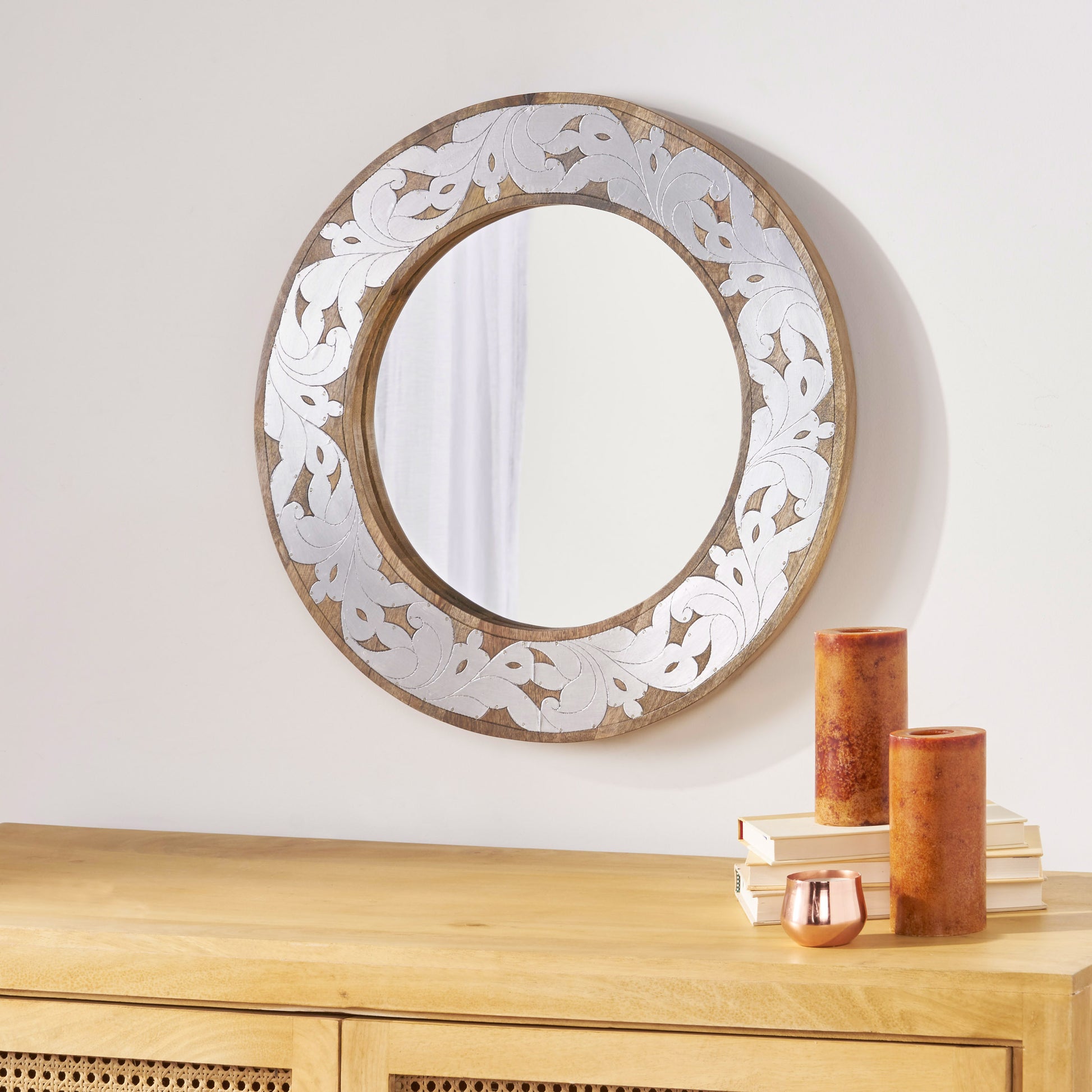 Mango Wood Aluminium Fitted Round Mirror Natural Wood