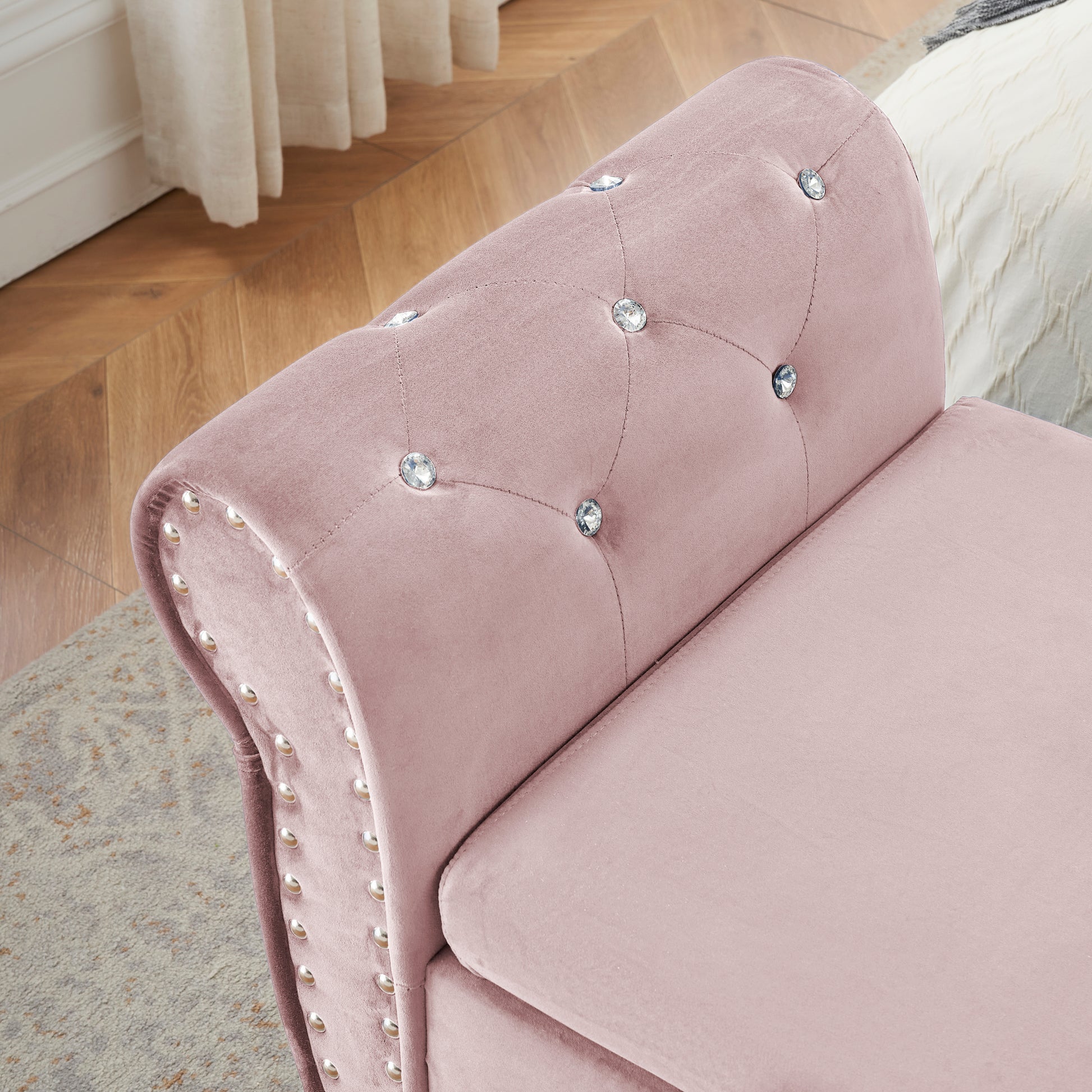 63.38"Velvet Multifunctional Storage Rectangular Ottoman Bench Comes With Crystal Buckle Solid Wood Legs With 1 Pillow,Pink Pink Velvet