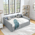 Queen Size Daybed With Two Drawers Trundle Upholstered Sofa Bed, With Vertical Stripes Linen Fabric, Grey 86.5