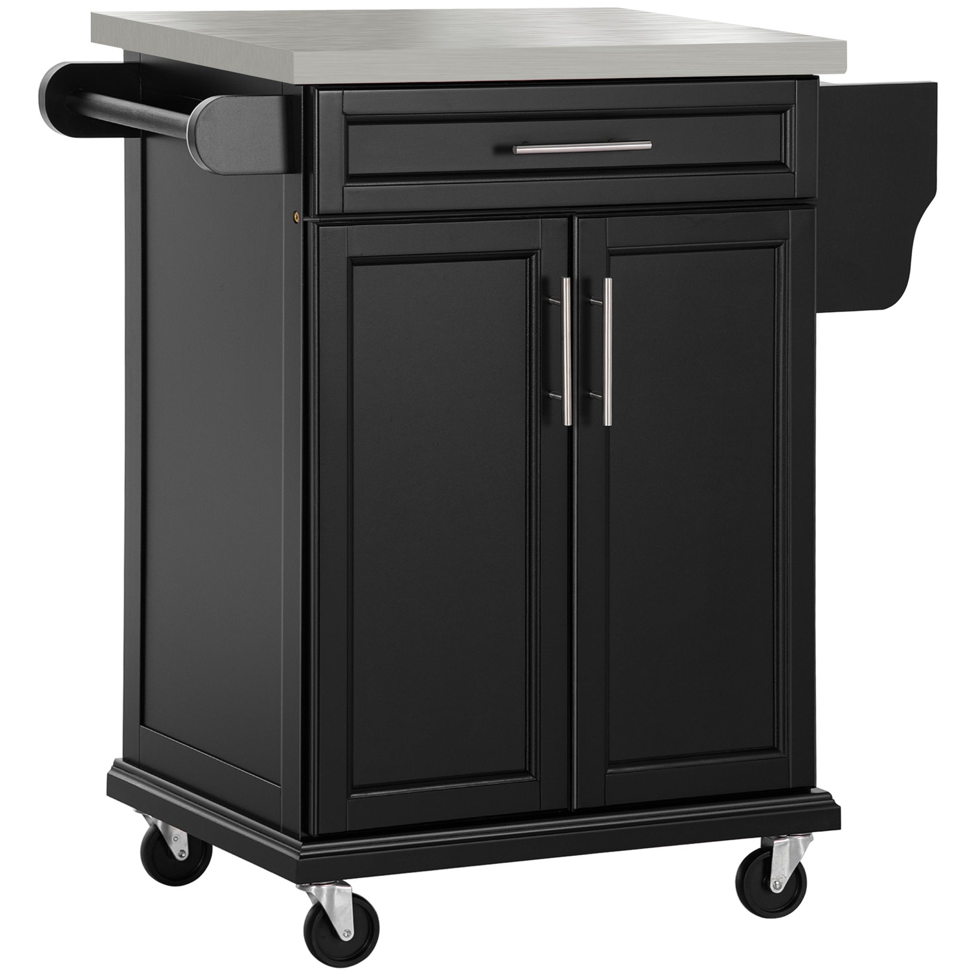 Homcom Kitchen Island On Wheels, Rolling Kitchen Cart With Stainless Steel Countertop, Drawer, Towel Rack And Spice Rack, Utility Storage Trolley, Black Black Mdf