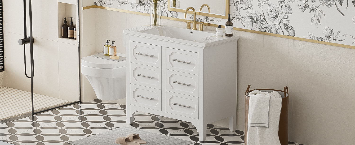 36'' Bathroom Vanity With Resin Sink Combo, Free Standing Single Vanity Set With Four Drawers, Solid Wood Frame Bathroom Storage Cabinet Same As Sw000128Aak White Bathroom Modern Solid Wood Mdf