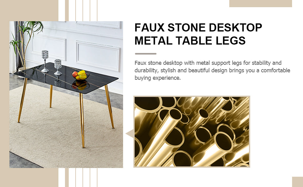 Table And Chair Set. 1 Table With 4 White Pu Chairs. Modern Minimalist Rectangular Black Imitation Marble Dining Table, With Golden Metal Legs. Paired With 4 Chairs With Golden Legs.Dt 1544 C001 Black Gold Glass Metal