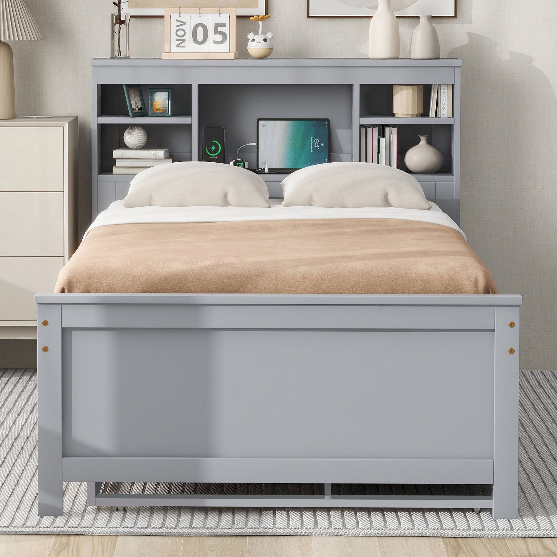 Twin Size Platform Bed With Storage Headboard, Usb, Twin Size Trundle And 3 Drawers, Gray Box Spring Not Required Twin Gray Wood Bedroom Bed Frame Solid Wood Mdf