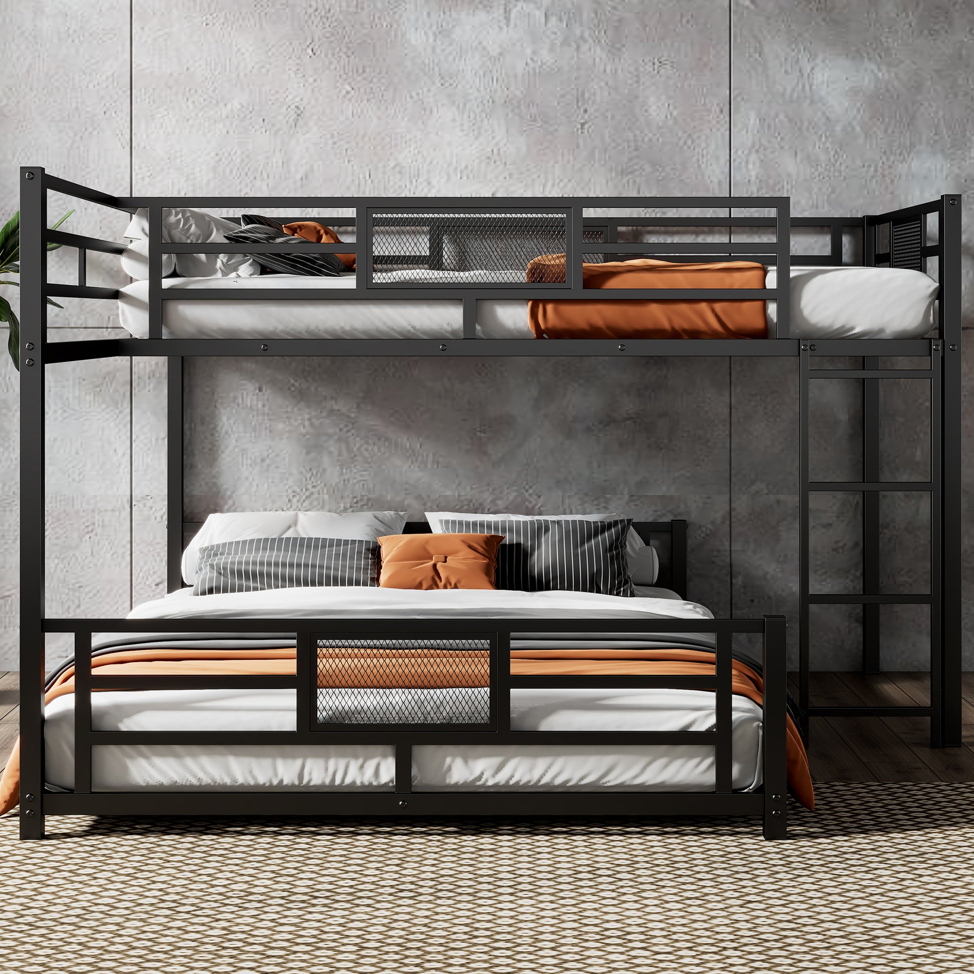 L Shaped Metal Twin Over Full Size Bunk Bed, Black Box Spring Not Required Black Metal Metal