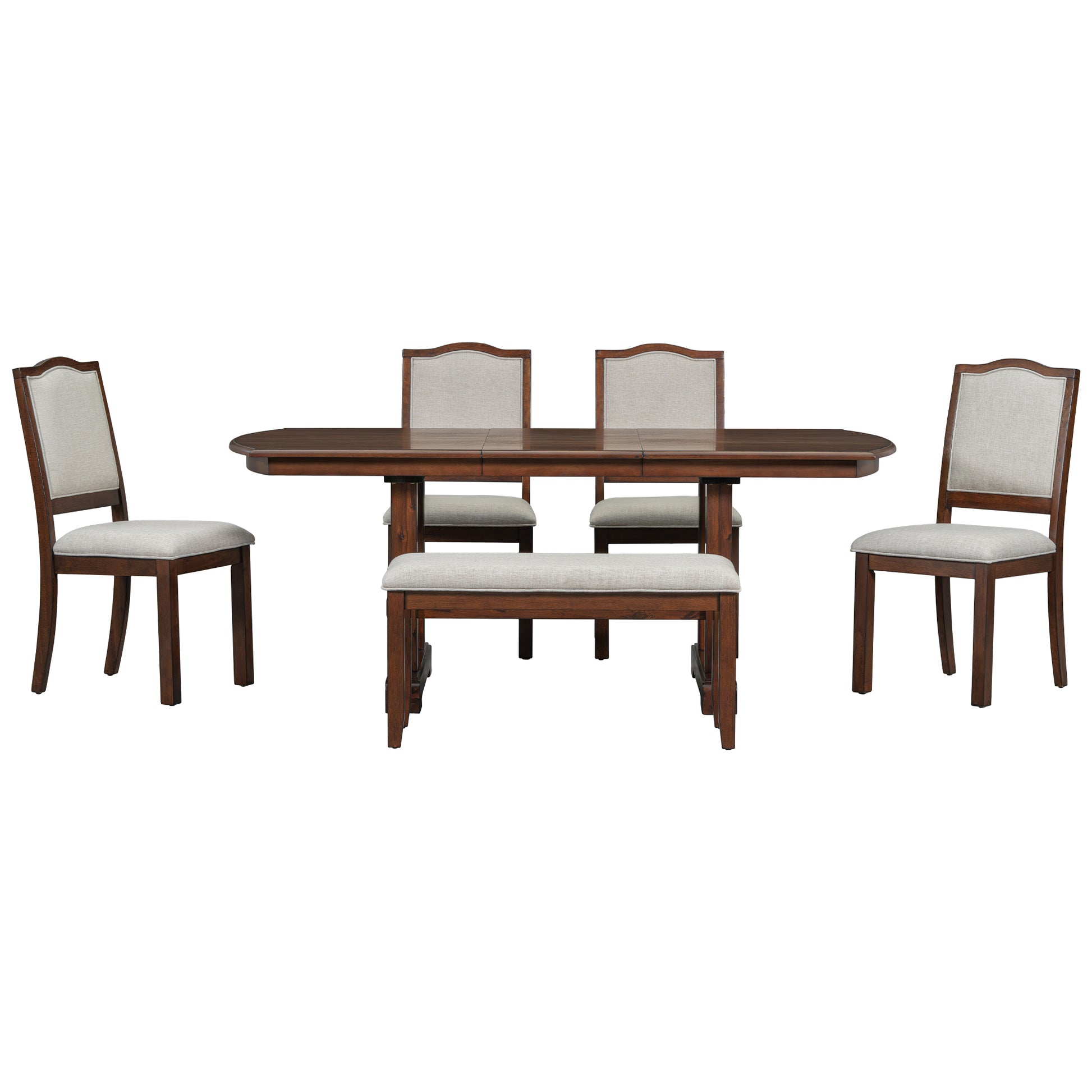 6 Piece Dining Table Set, 60Inch To 78Inch Extendable Wood Dining Table With Removable Leaf, Kitchen Table Set With 4 Upholstered Side Chair And Bench, Dining Table Set For 6 Cherry Wood Dining Room Extendable Rubberwood Rectangular Dining Table With