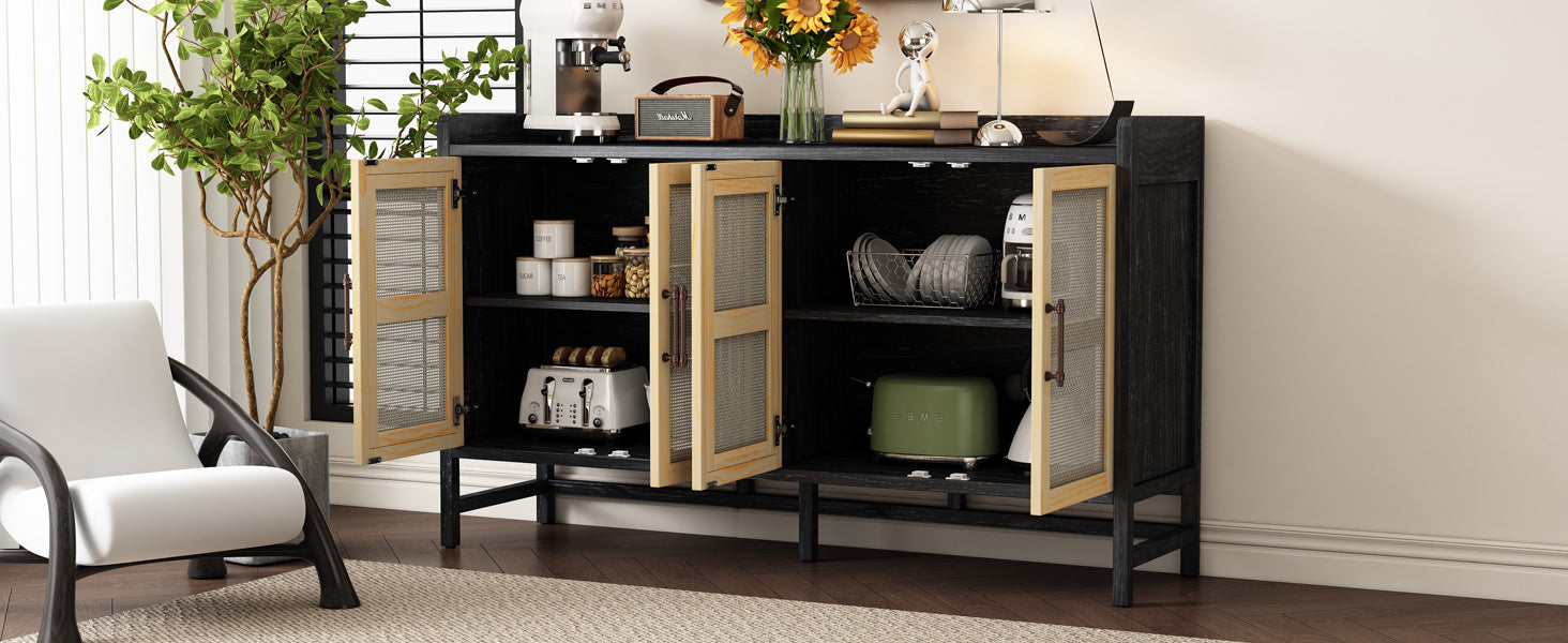 Sideboard Rustic Buffet Cabinet, Sideboard Cabinet With Decorative Rattan Doors, Buffet Cabinet With Storage For Entryway Dining Room Kitchen Living Room, Black Natural Black Natural Mdf
