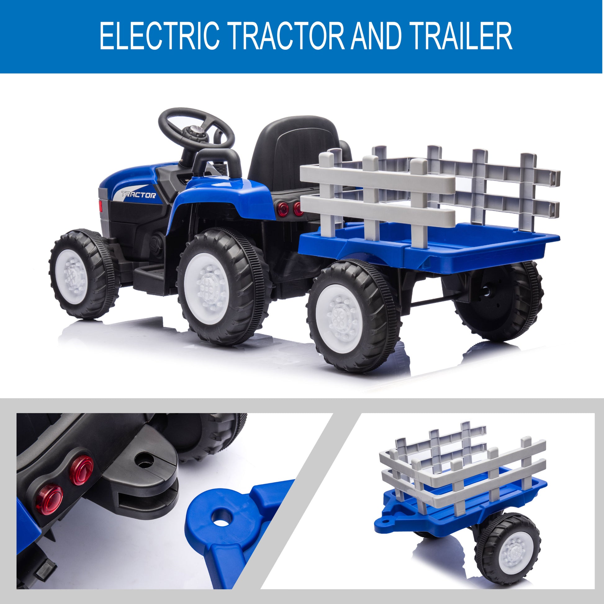 Blue, 12V7Ah Battery Powered Toy Tractor With Trailer, Remote Control, Kids' Electric Excavator Vehicles With 2X35W Dual Motor, Treaded Tires, Led Lights, Usb, Music, Gifts For Boy, Girl Blue 50 99 Lbs Iron Plastic Iron Plastic Indoor & Outdoor Use