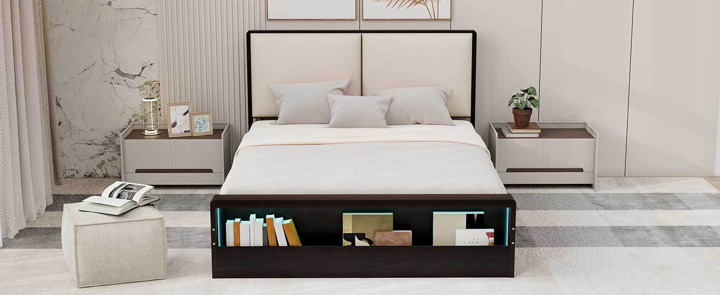 Queen Size Platform Bed Frame With Upholstery Headboard And Bookshelf In Footboard And Led Light Strips, Espresso Queen Espresso Solid Wood Mdf