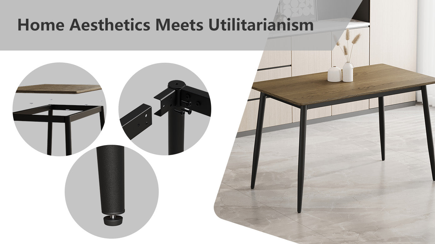 Modern Minimalist Wood Grain Tabletop Dining Table, Stylish Dining Table, Kitchen Dining Table, Sturdy And Durable, Easy To Assemble, Black Metal Leg Design, Suitable For 4 6 People, Suitable For
