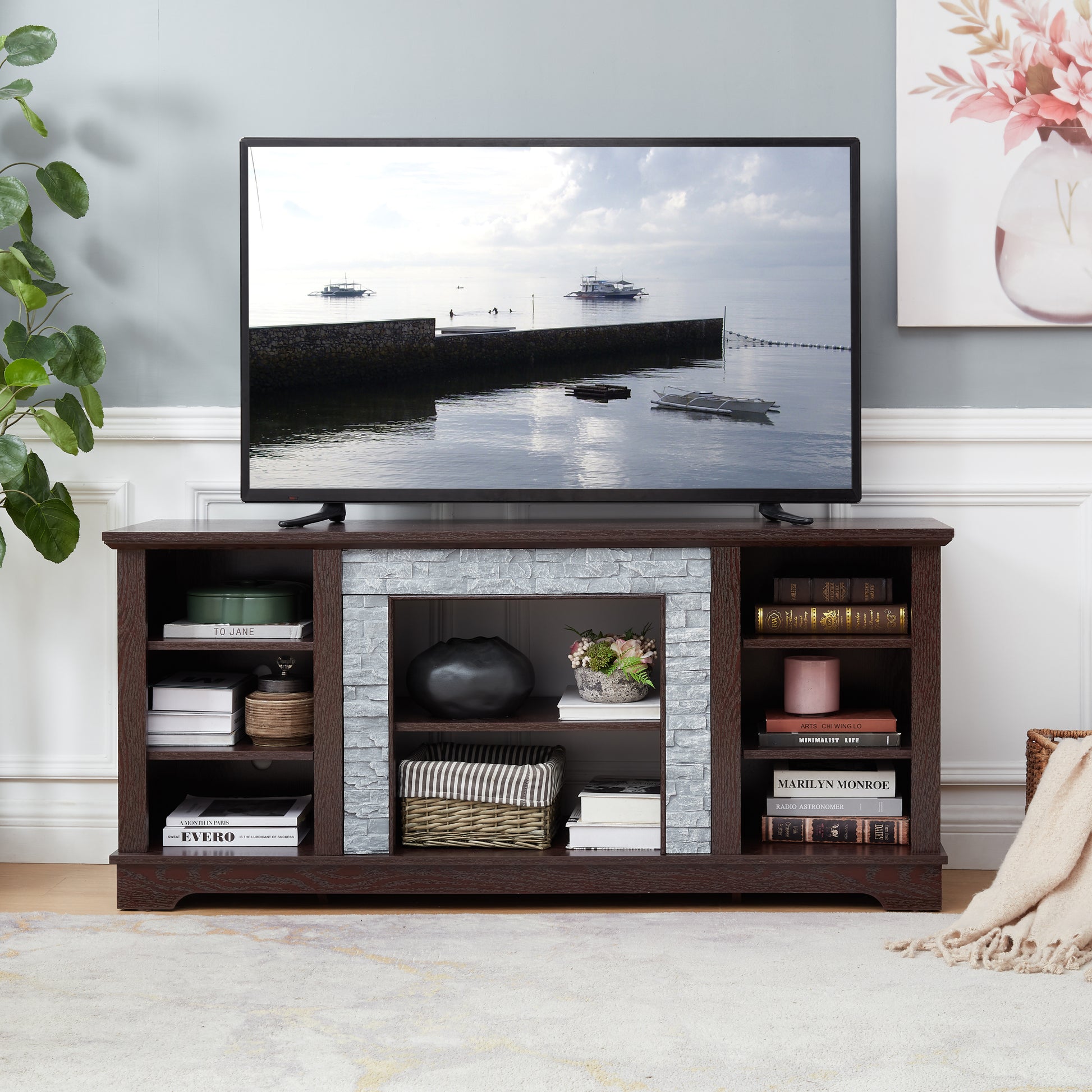 Tv Media Stand With With Faux Stacked Stone Surround, Modern Entertainment Console With Open Storage Space, Cherry, 58.31"W*15.39"D*26.06"H Cherry 60 69 Inches Mdf