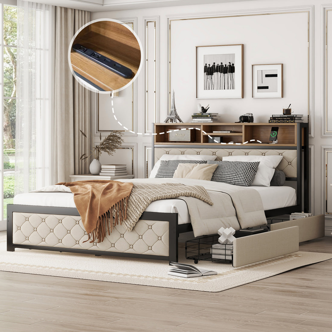 Metal Queen Size Platform Bed With 4 Drawers, Upholstered Headboard And Footboard, Sockets And Usb Ports, Beige Queen Beige Black Fabric Metal