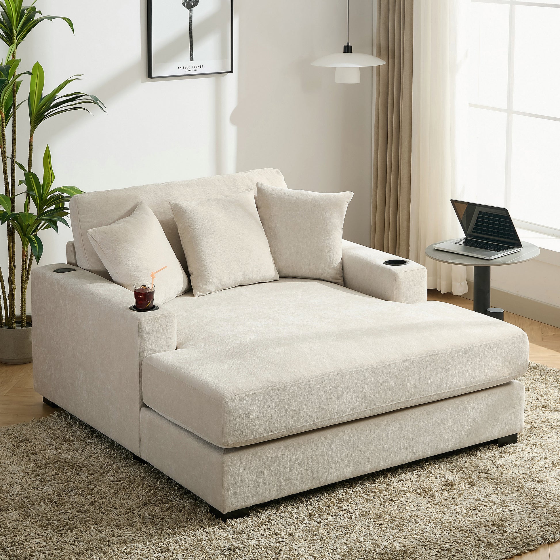 55" Oversized Chaise Lounger Modern Style Sofa Couch ,With Pillows, Charge Station & Cup Holders, Chenille Fabric, Cream Cream Chenille