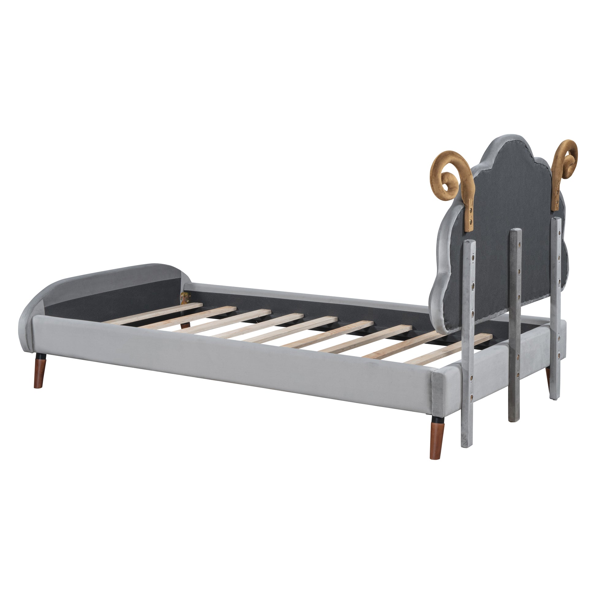 Twin Size Upholstered Platform Bed With Sheep Shaped Headboard, Gray Twin Gray Plywood