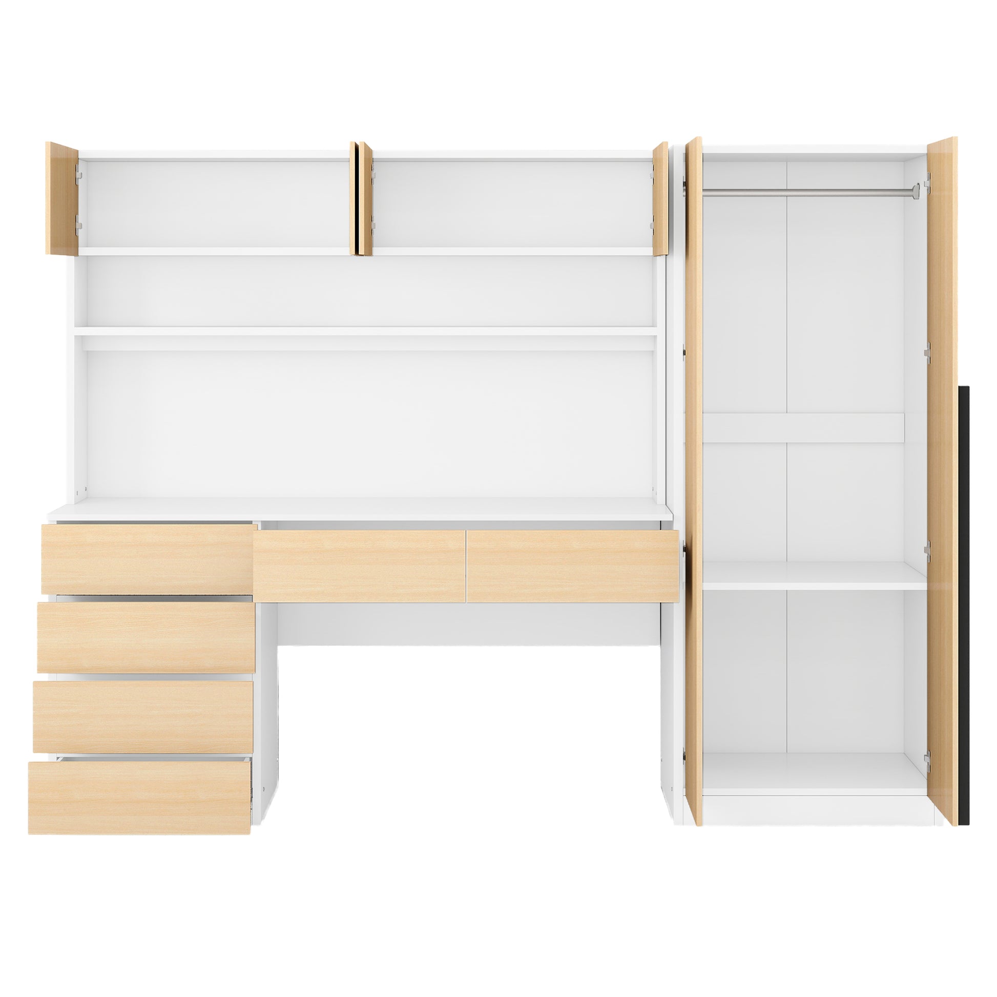 2 Door Wooden Storage Desk Wardrobe For Bedroom With Shelves And Drawers,Natural Natural Mdf Lvl