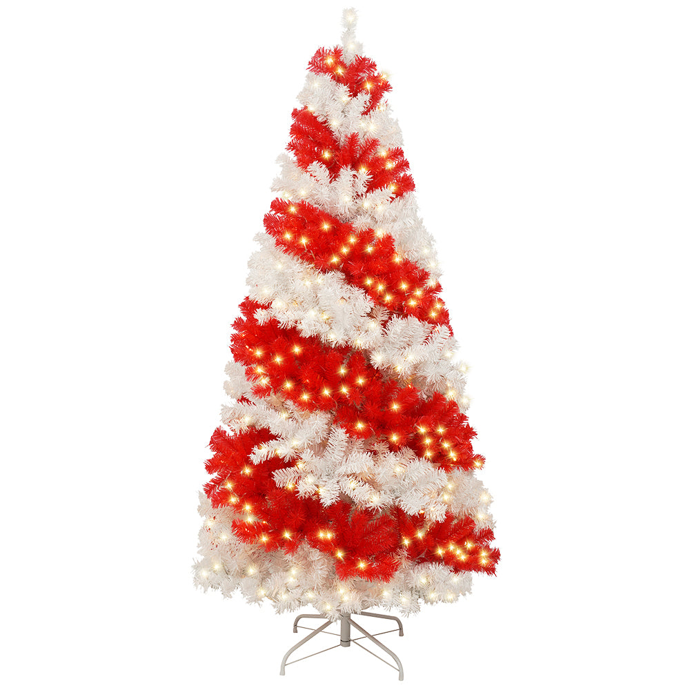 6Ft Artificial Christmas Tree With 300 Led Lights And 900 Bendable Branches, Candy Cane Christmas Tree Holiday Decoration, Creative Decorated Trees, Xmas Tree Christmas Decorations Red,White Pvc