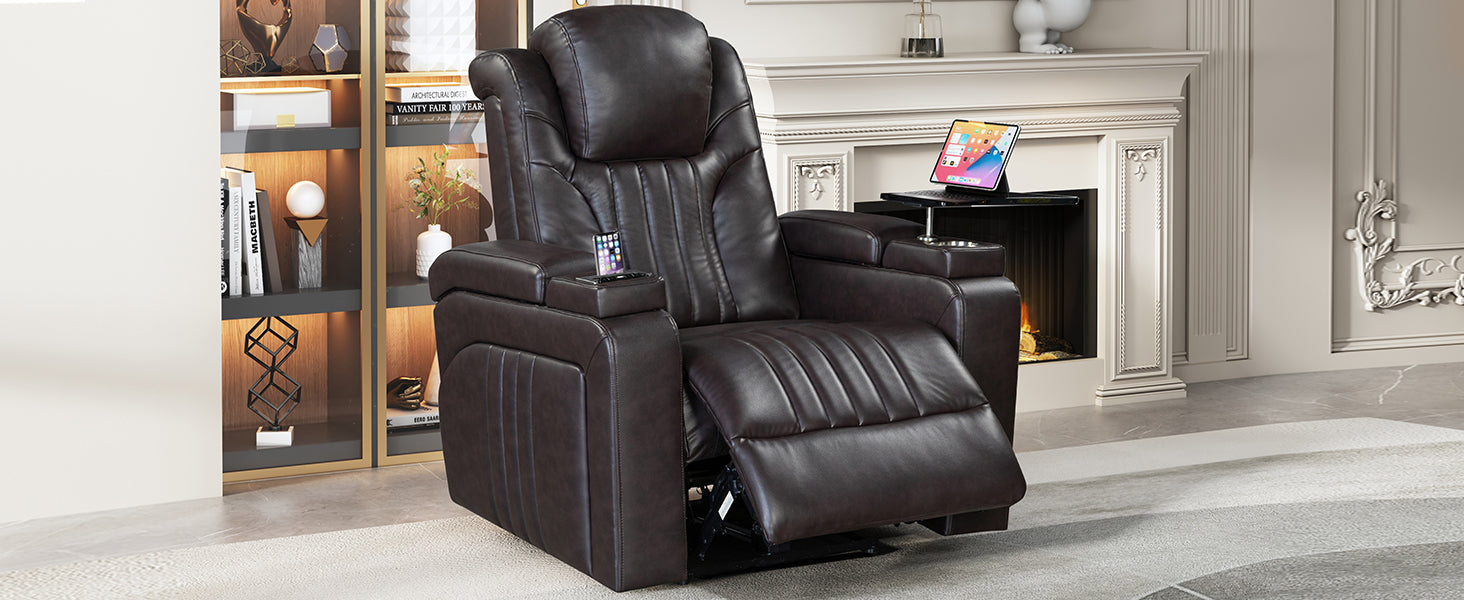 Pu Leather Power Recliner Home Theater Recliner With Power Adjustable Headrest, Wireless Charging Device, Usb Port, Storage Arms, Cup Holder And Swivel Tray Table For Living Room, Brown Brown Foam Pu Leather