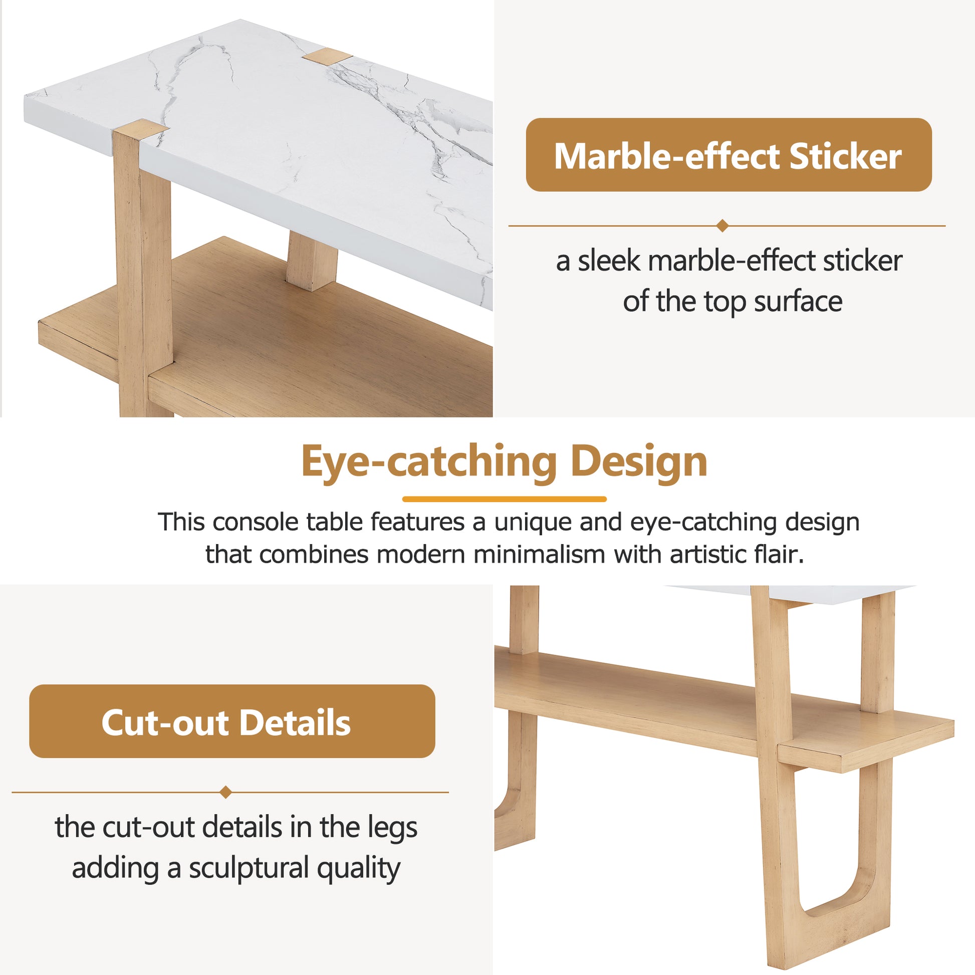 Retro Elegant Console Table With Marble Effect Top And Versatile Storage Solutions For Entryway And Living Room Natural Natural Solid Wood Mdf