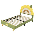 Twin Size Upholstered Platform Bed With Sunflower Shaped Headboard, Green Box Spring Not Required Twin Green Wood Bedroom Bed Frame Faux Leather Upholstered