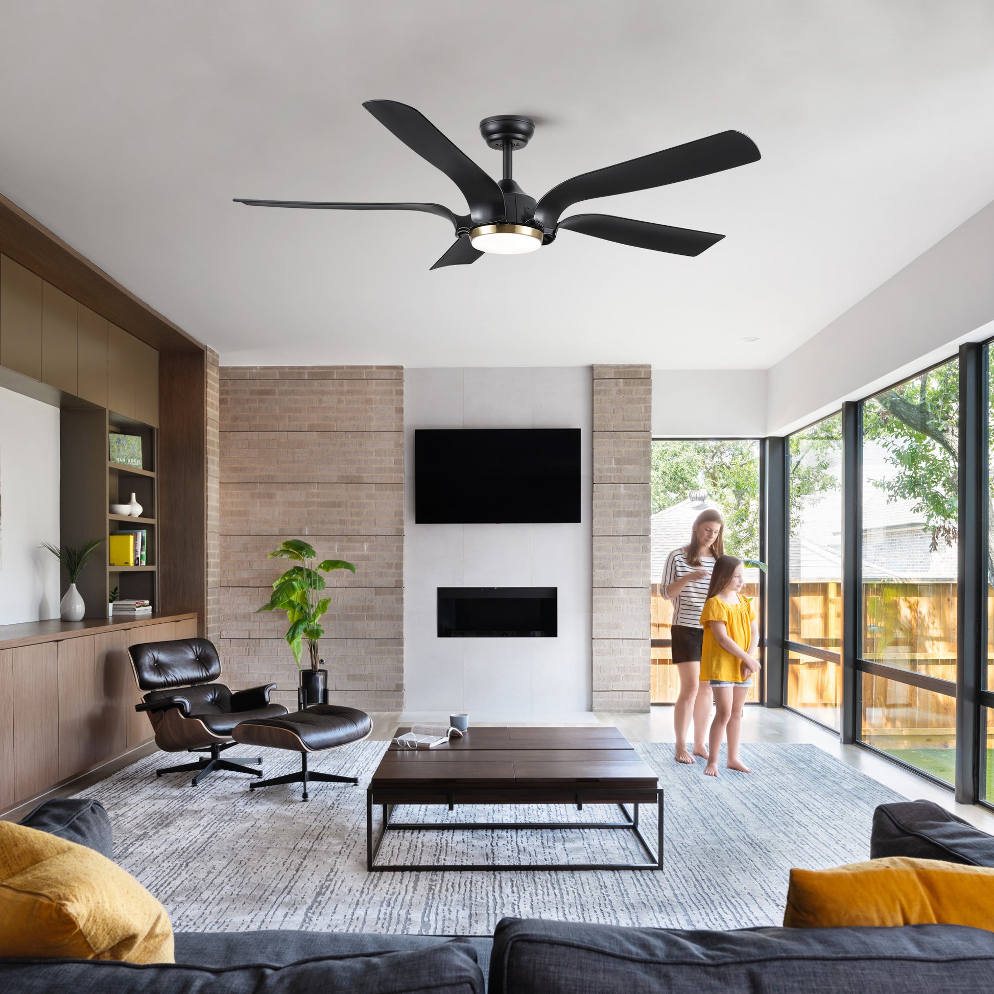 Smart 56" Integrated Led Ceiling Fan With Antique Brown Blades In Matte Black Fan Body Finish Black Abs