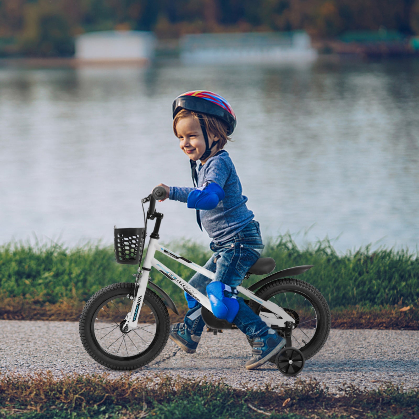 C14111A Kids Bike 14 Inch For Boys & Girls With Training Wheels, Freestyle Kids' Bicycle With Bell,Basket And Fender. White Steel